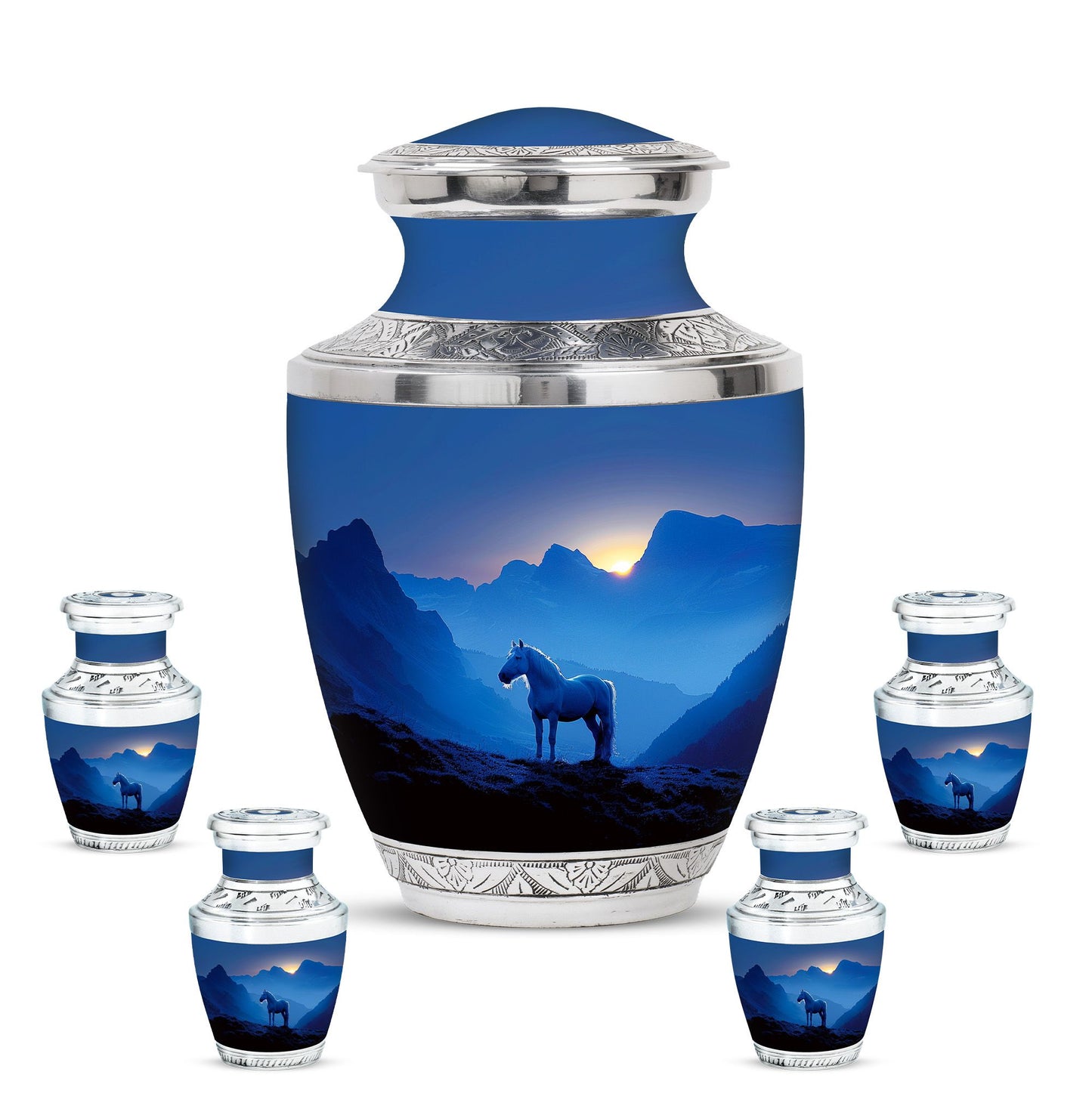Horse Theme Large Urn With 4 Keepsake Urn