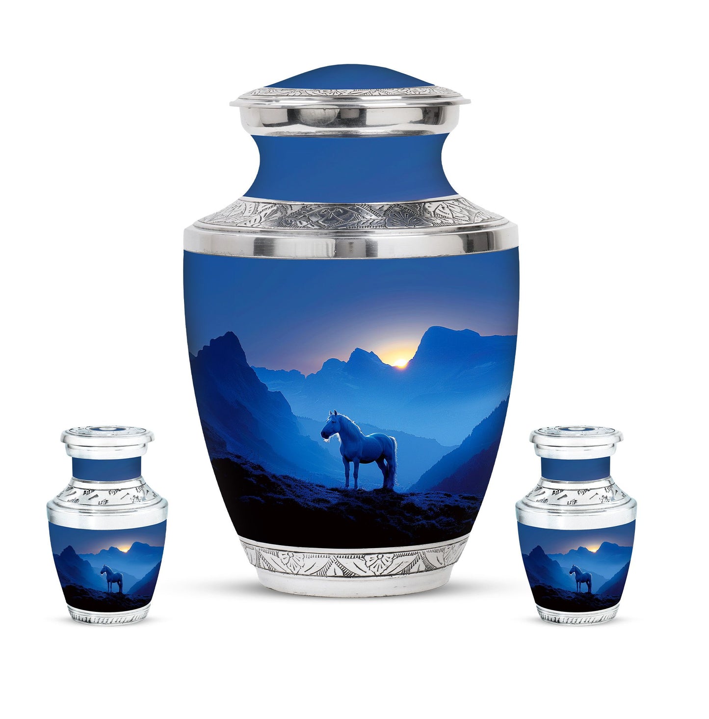 Horse Theme Large Urn With 2 Keepsake Urn