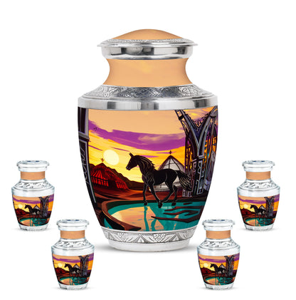 Horse Theme Large Urn With 4 Keepsake Urn