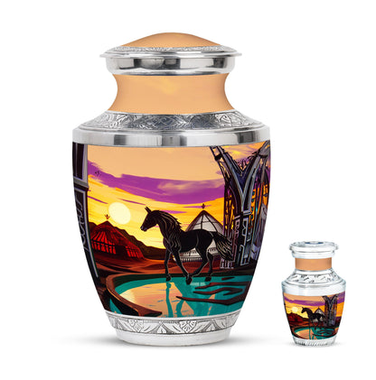 Horse Theme Large Urn With 1 Keepsake Urn