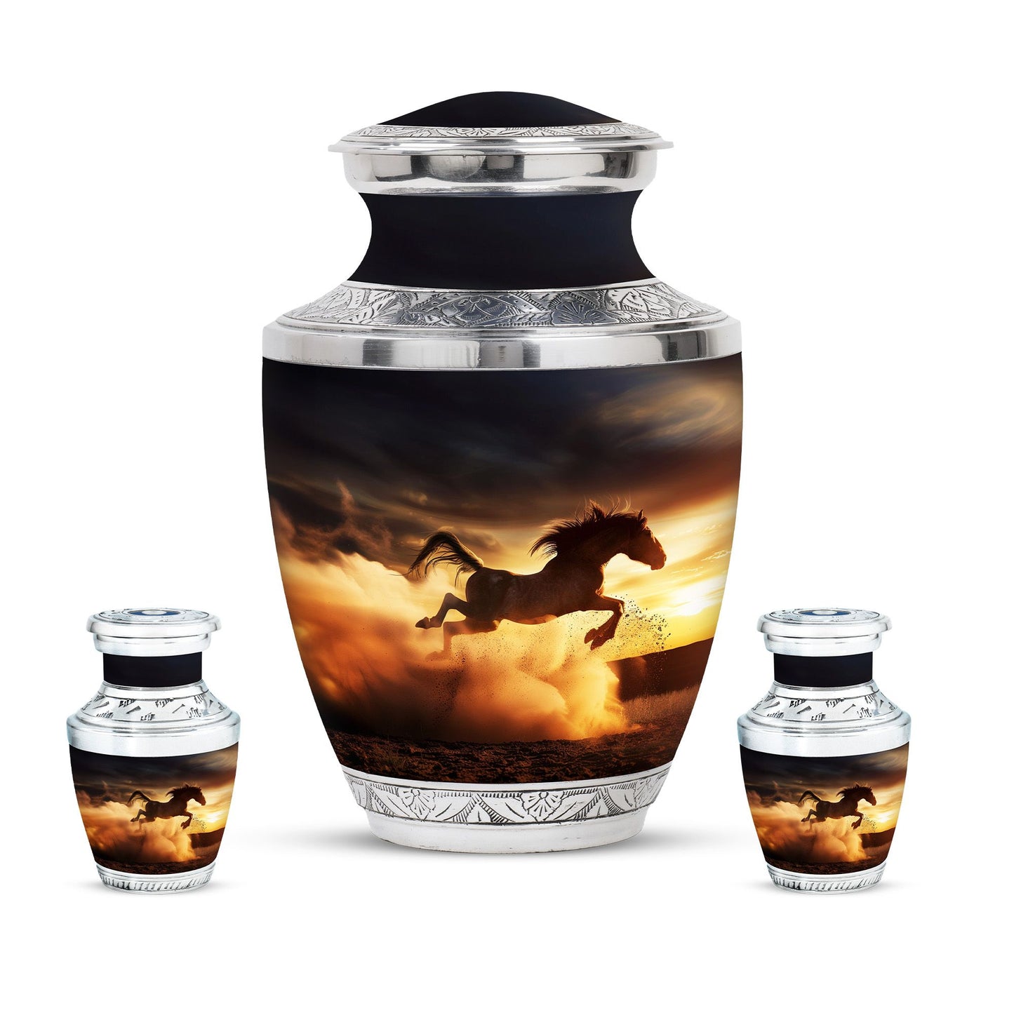 Horse Theme Large Urn With 2 Keepsake Urn