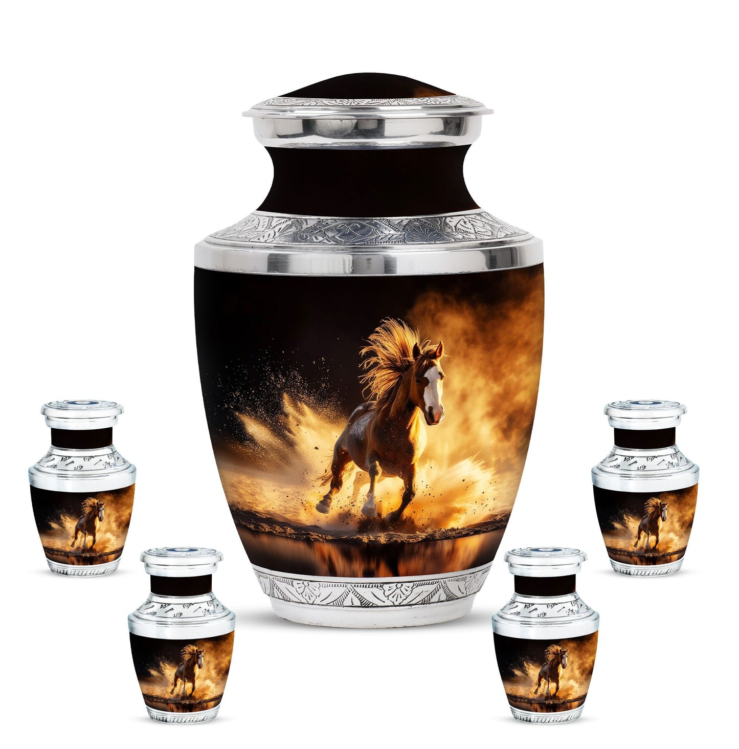 Horse Theme Large Urn With 4 Keepsake Urn