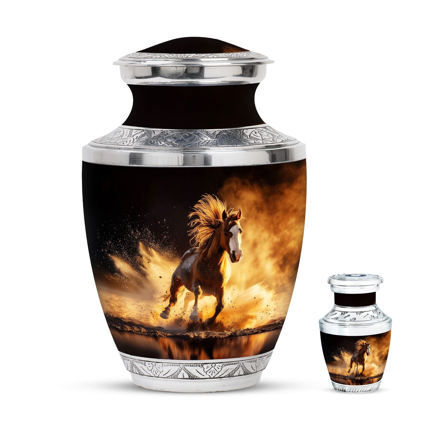Horse Theme Large Urn With 1 Keepsake Urn