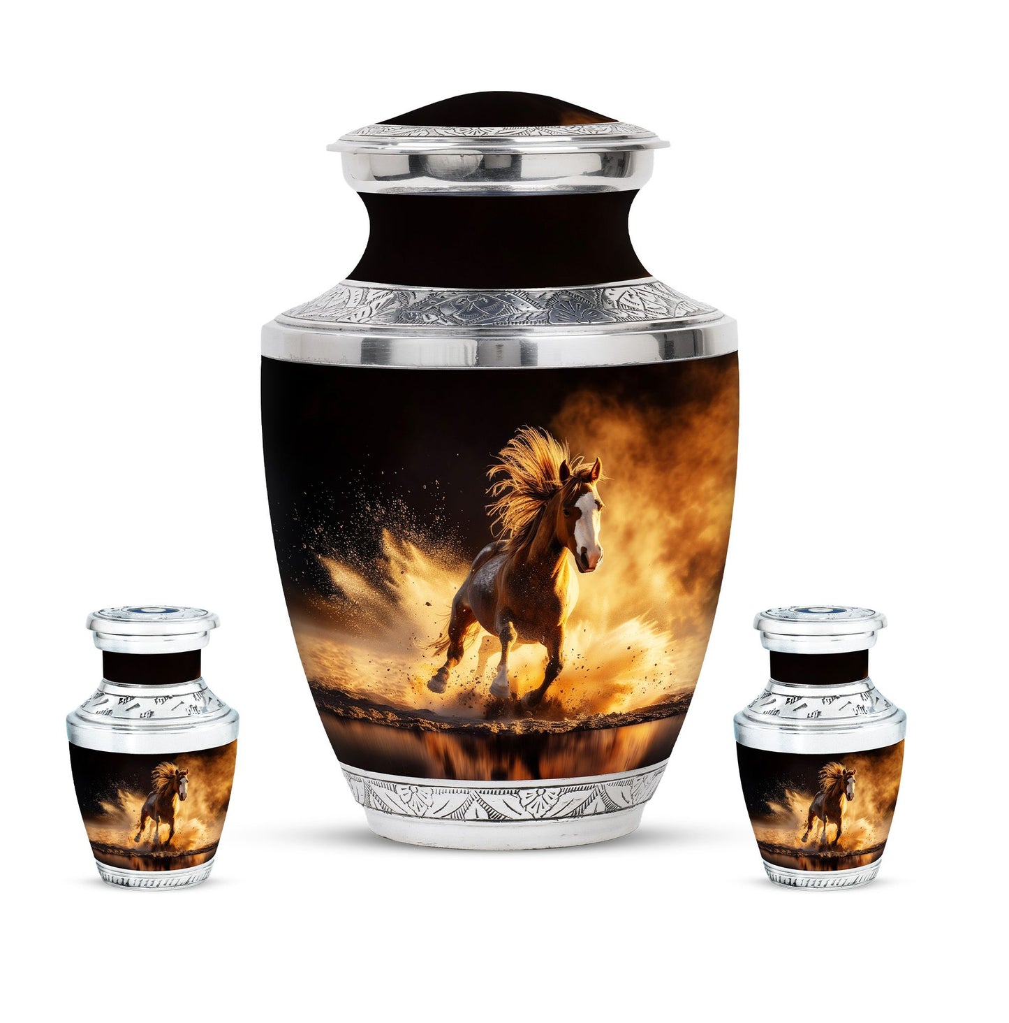 Horse Theme Large Urn With 2 Keepsake Urn