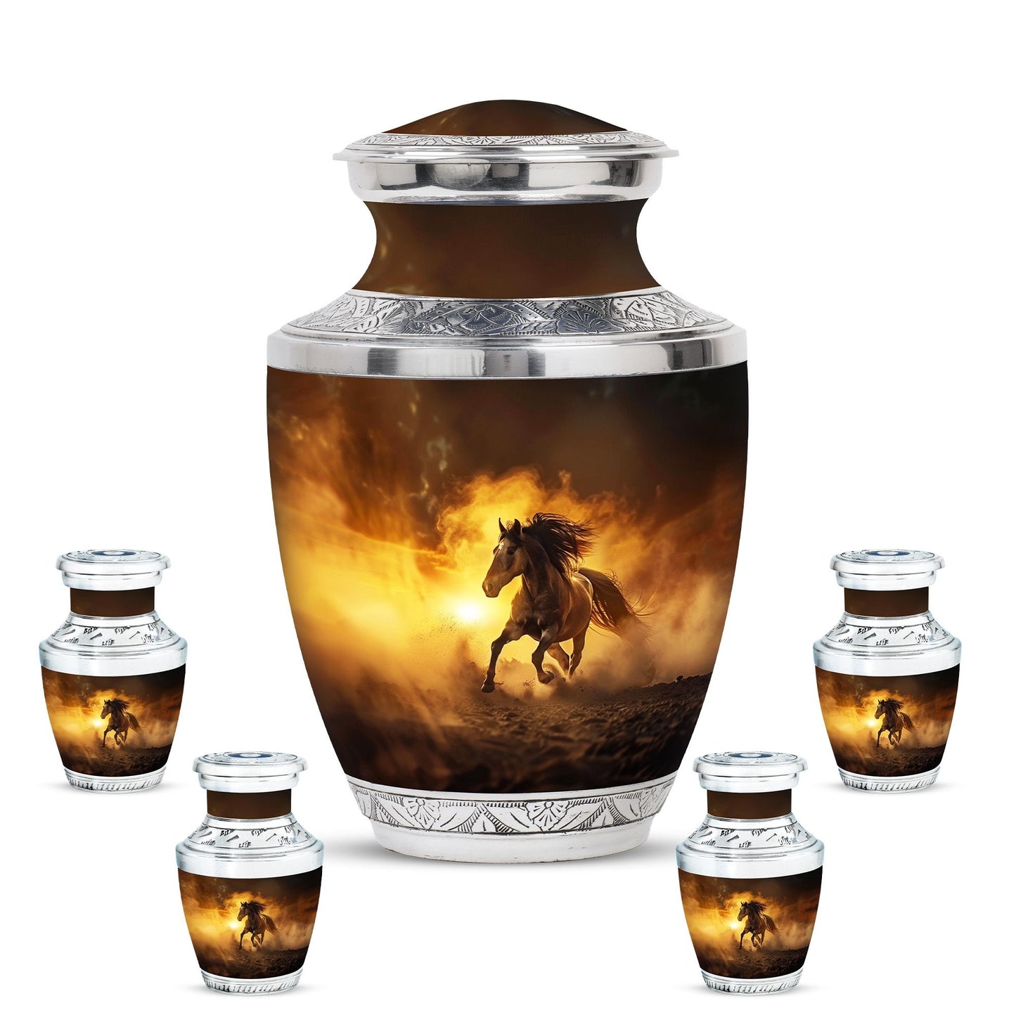 Horse Theme Large Urn With 4 Keepsake Urn