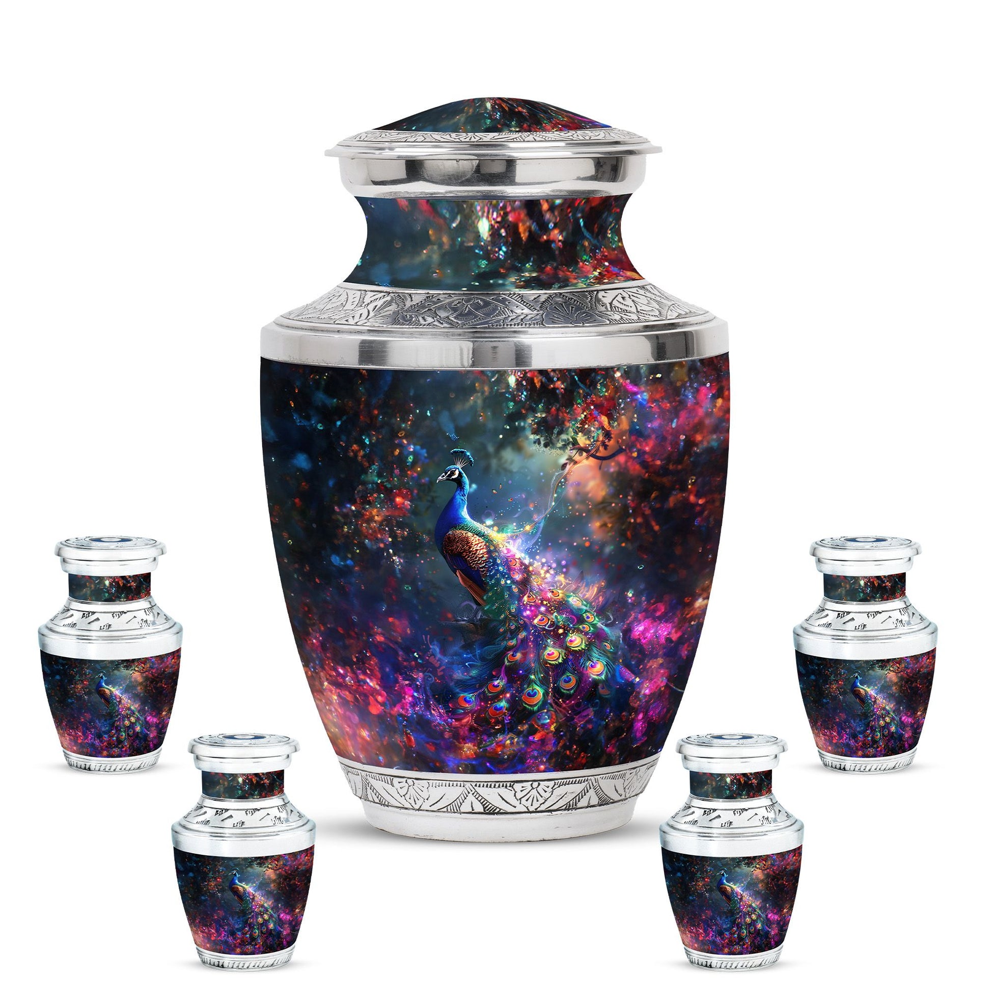 Peacock Theme Large Urn With 4 Keepsake Urn