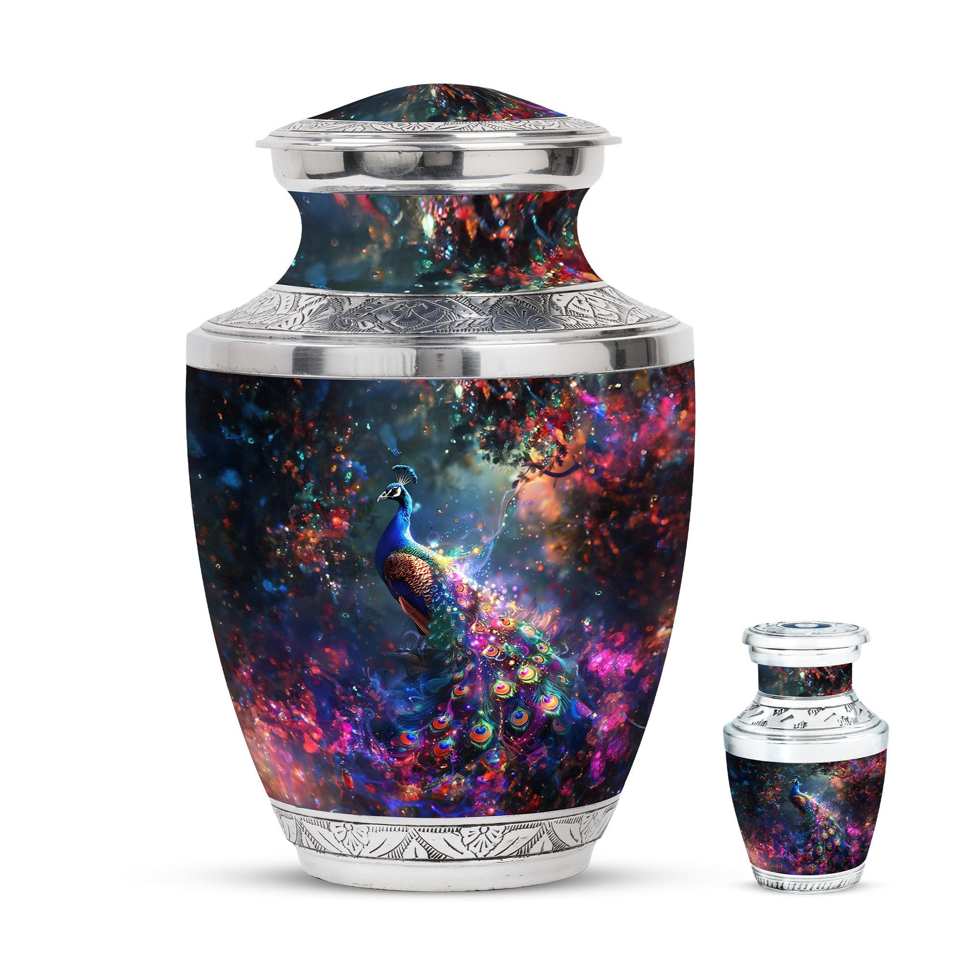 Peacock Theme Large Urn With 1 Keepsake Urn