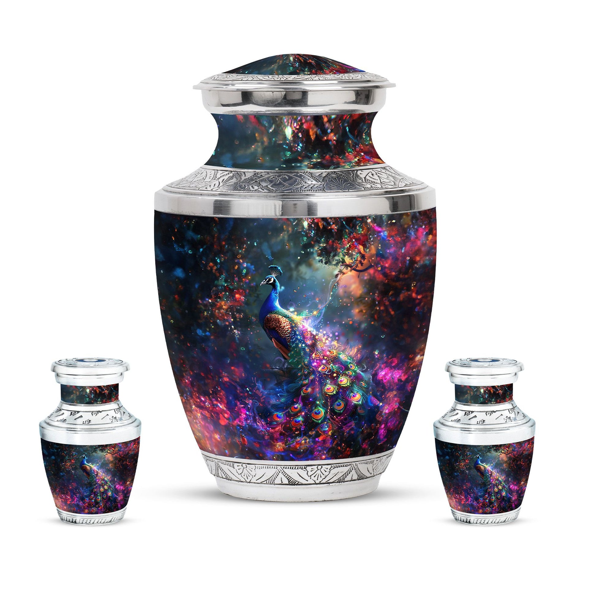 Peacock Theme Large Urn With 2 Keepsake Urn