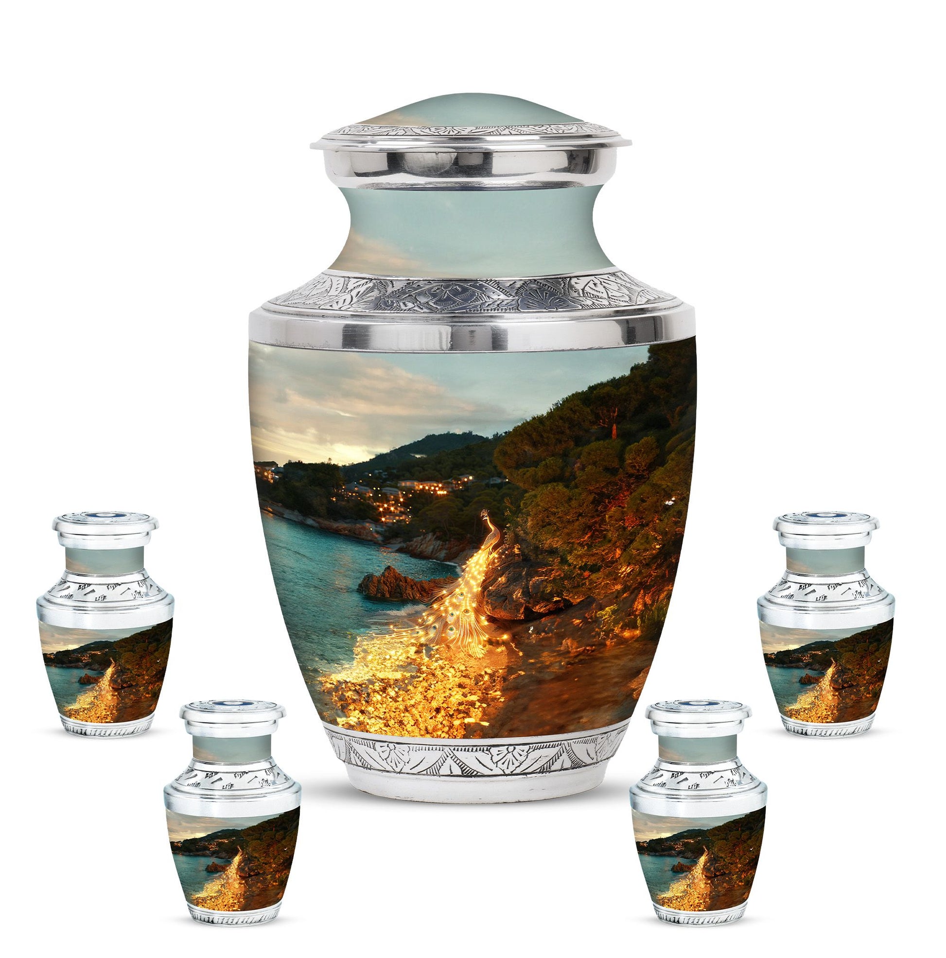 Peacock Theme Large Urn With 4 Keepsake Urn