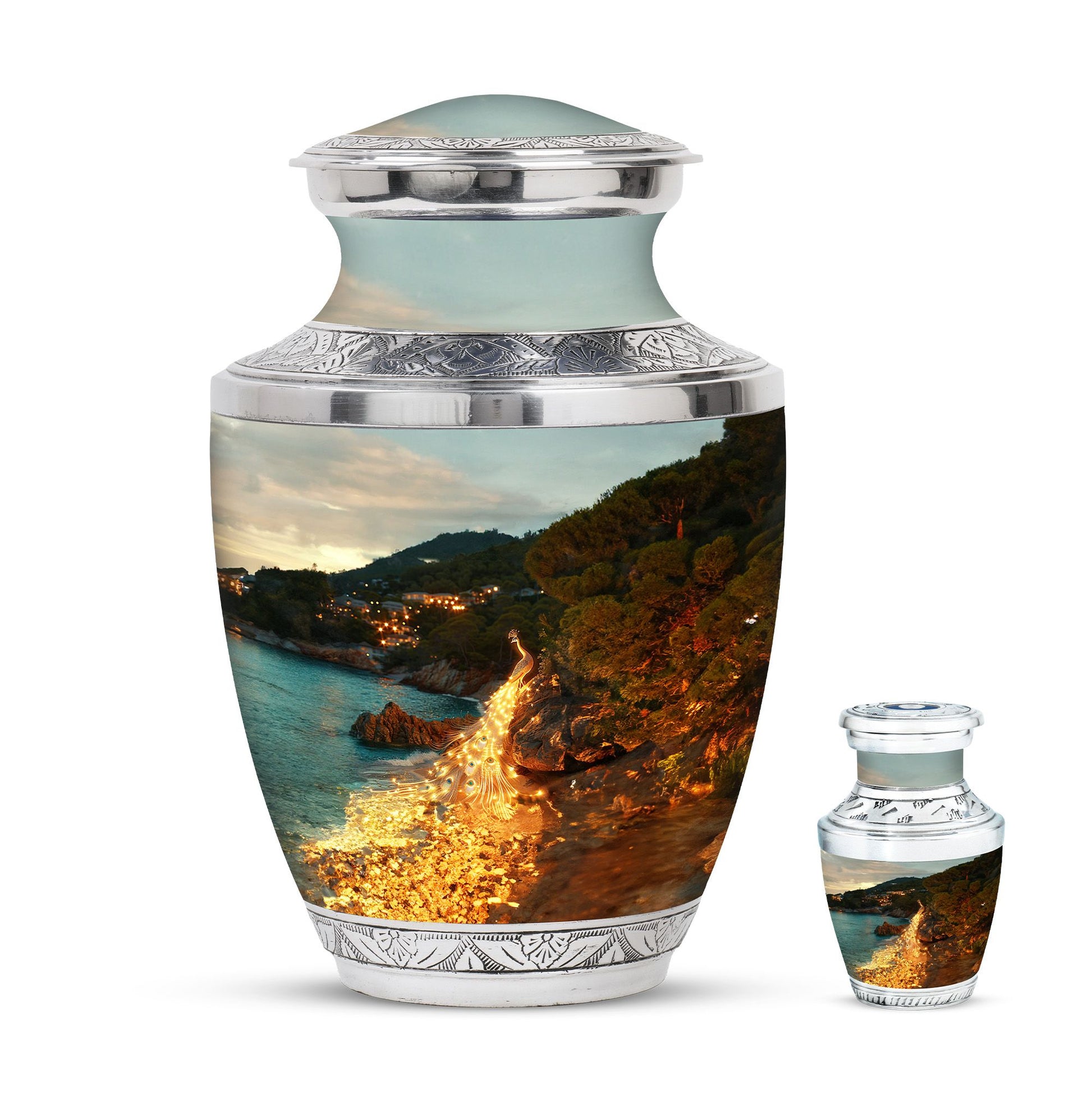 Peacock Theme Large Urn With 1 Keepsake Urn