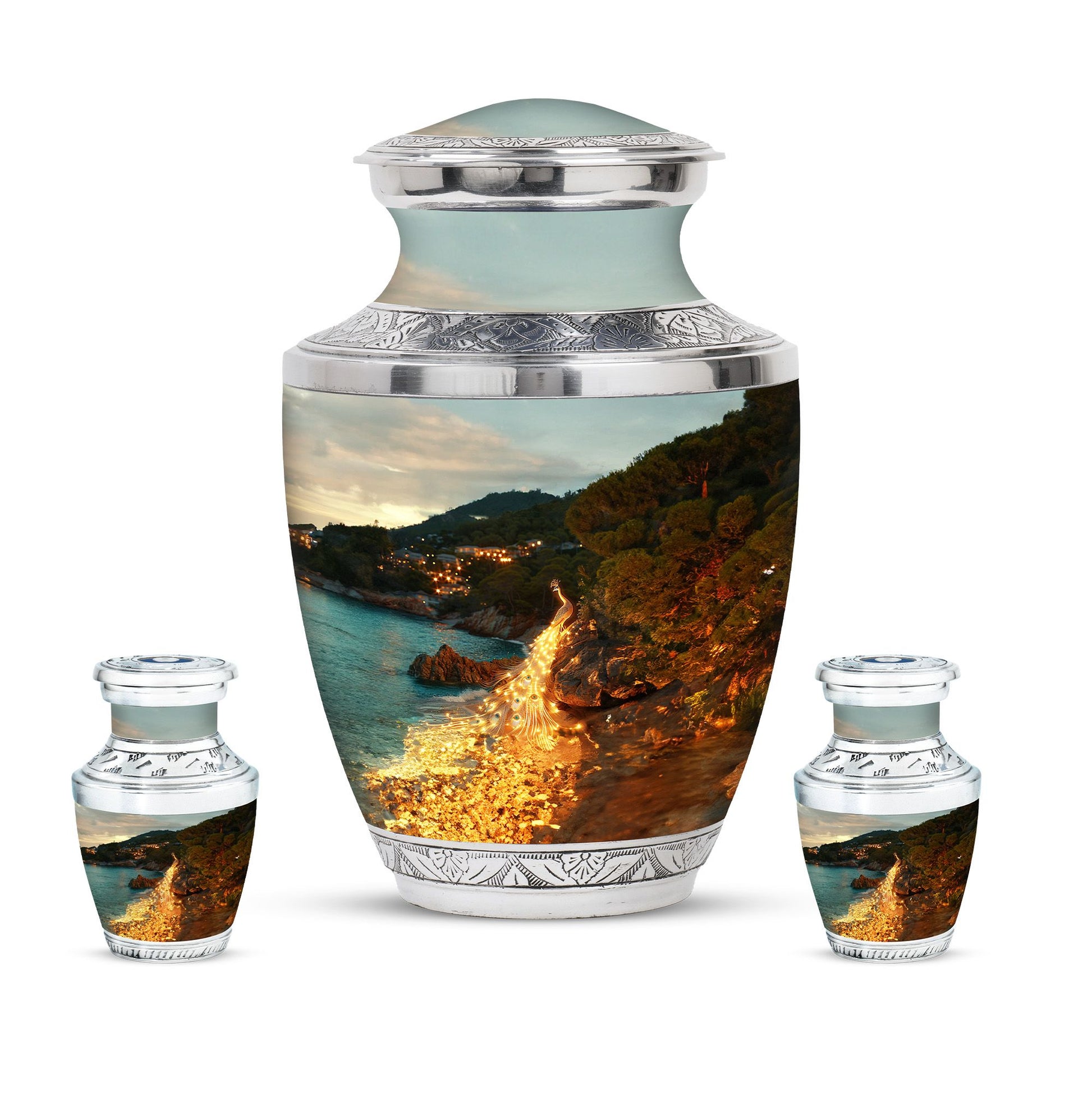 Peacock Theme Large Urn With 2 Keepsake Urn