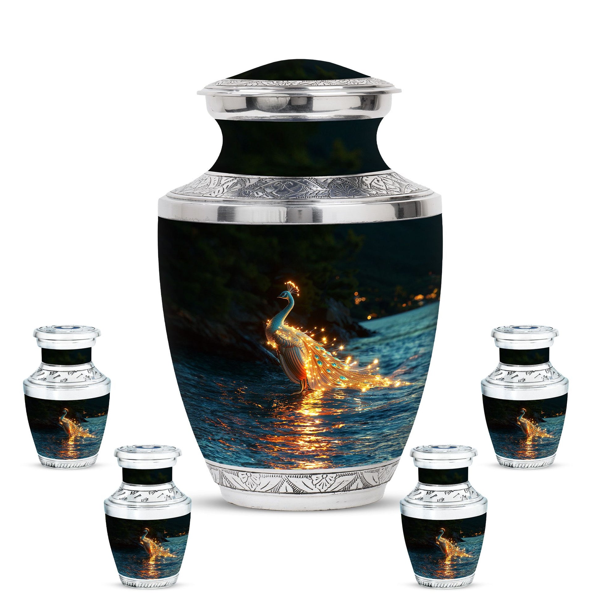 Peacock Theme Large Urn With 4 Keepsake Urn