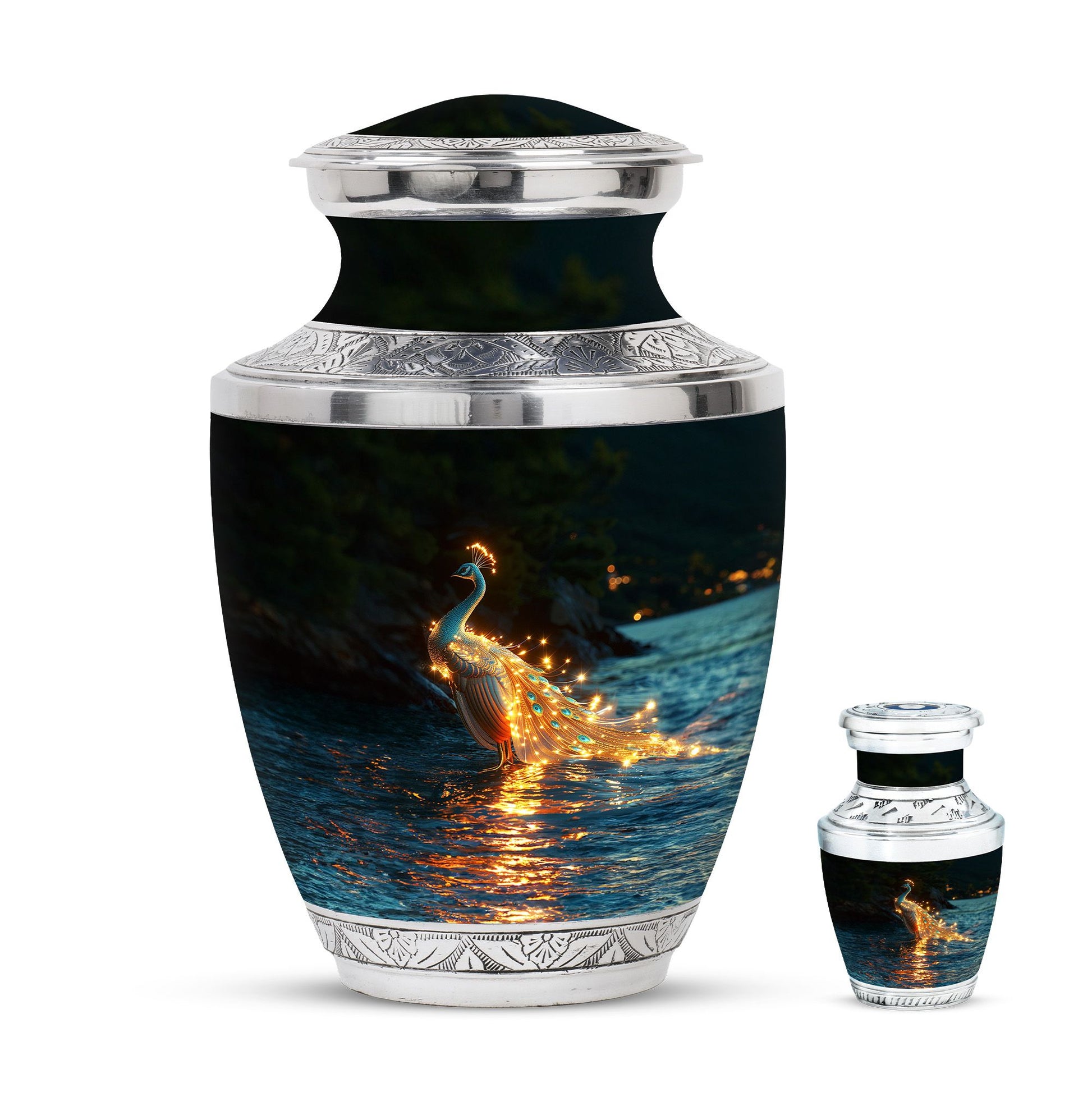 Peacock Theme Large Urn With 1 Keepsake Urn