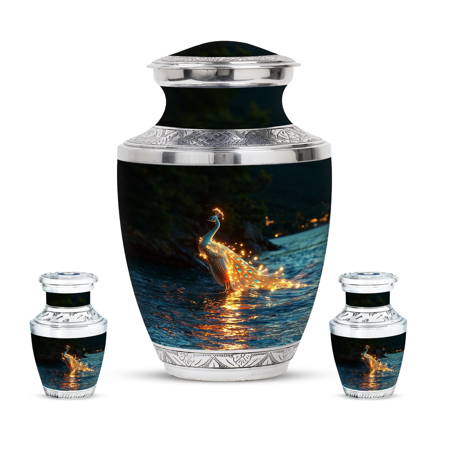 Peacock Theme Large Urn With 2 Keepsake Urn