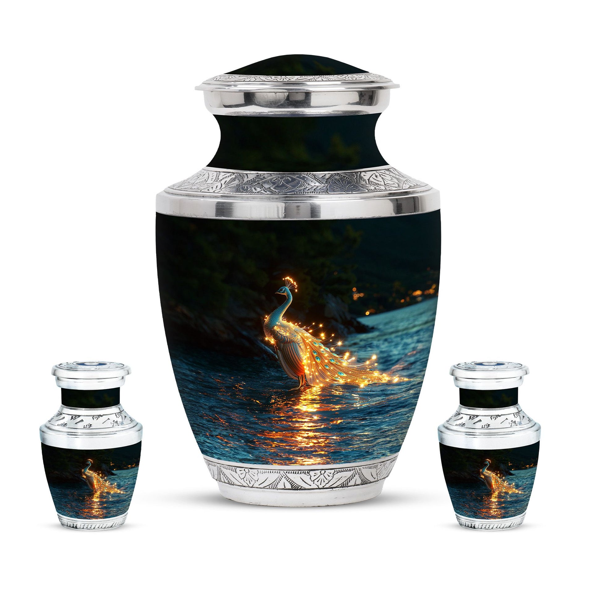 Peacock Theme Large Urn With 2 Keepsake Urn