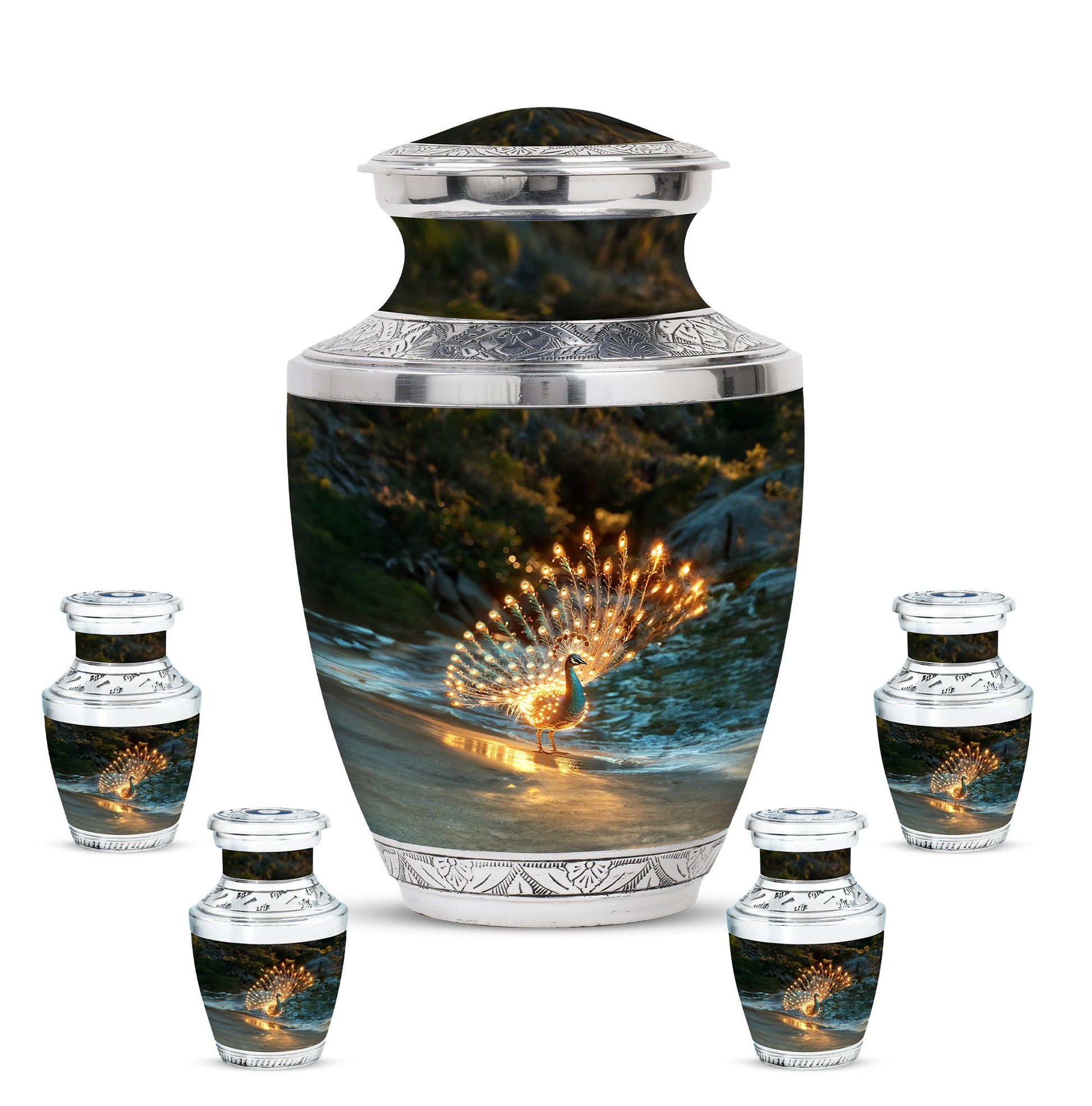Peacock Theme Large Urn With 4 Keepsake Urn