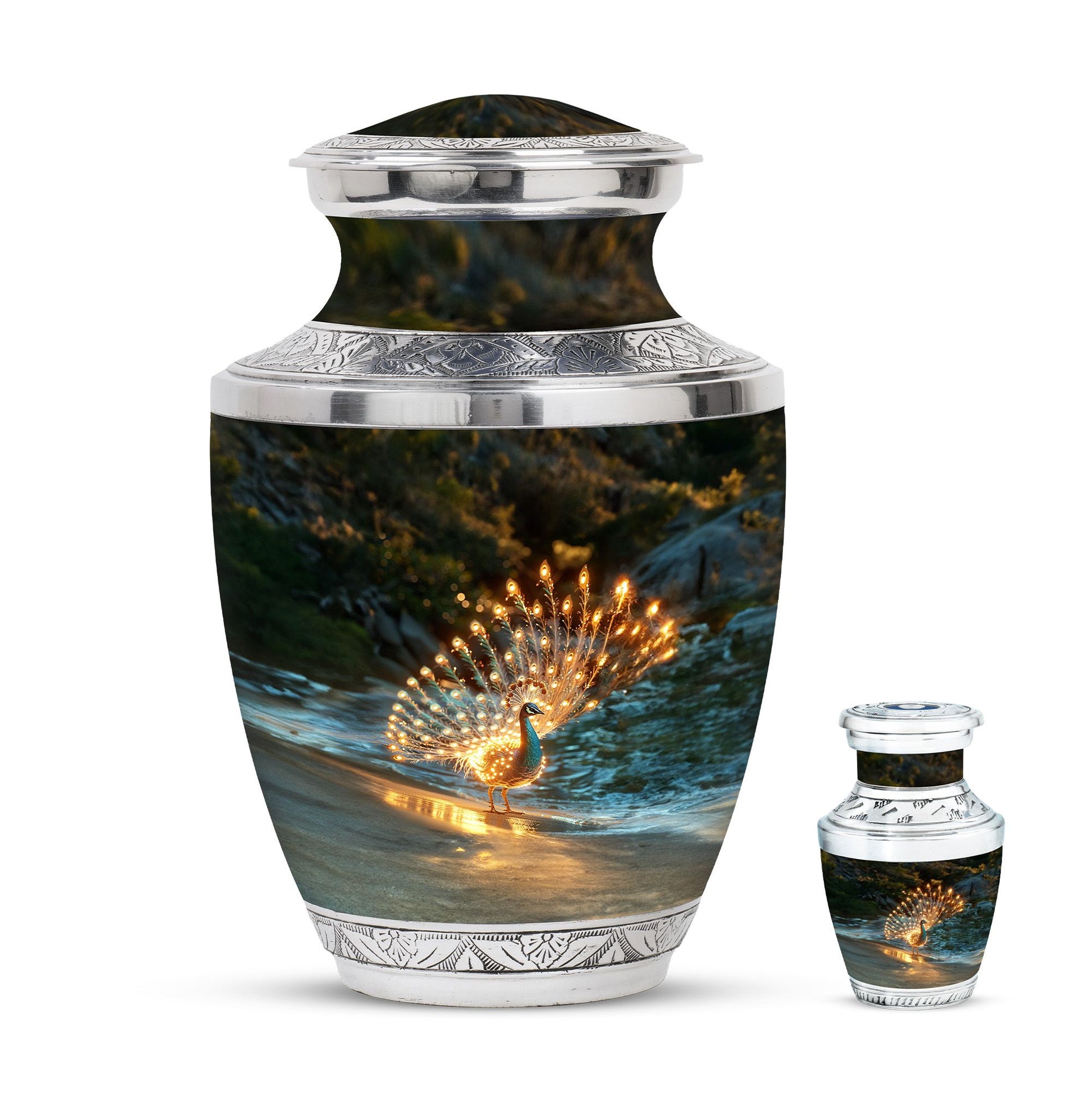 Peacock Theme Large Urn With 1 Keepsake Urn