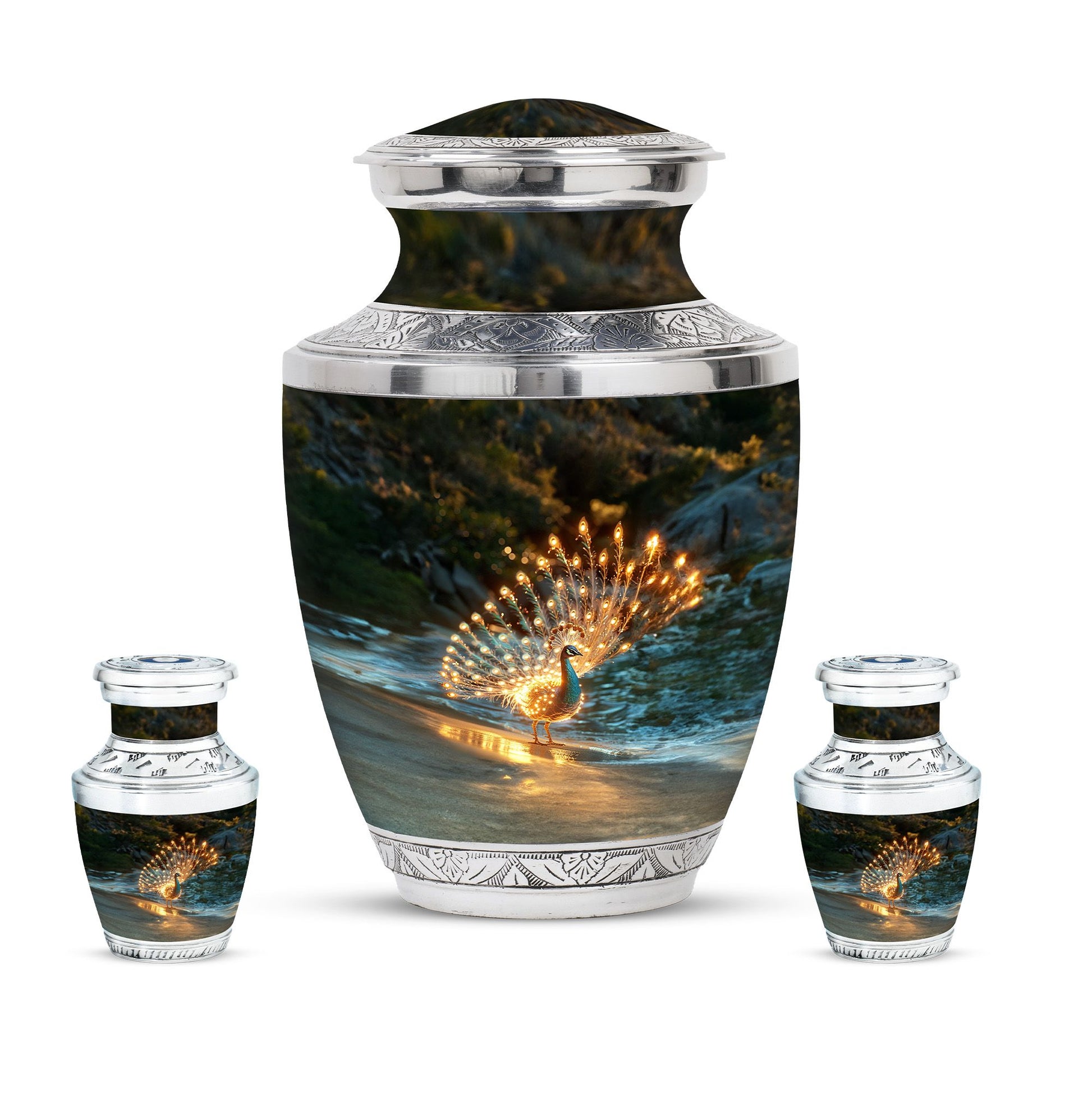 Peacock Theme Large Urn With 2 Keepsake Urn