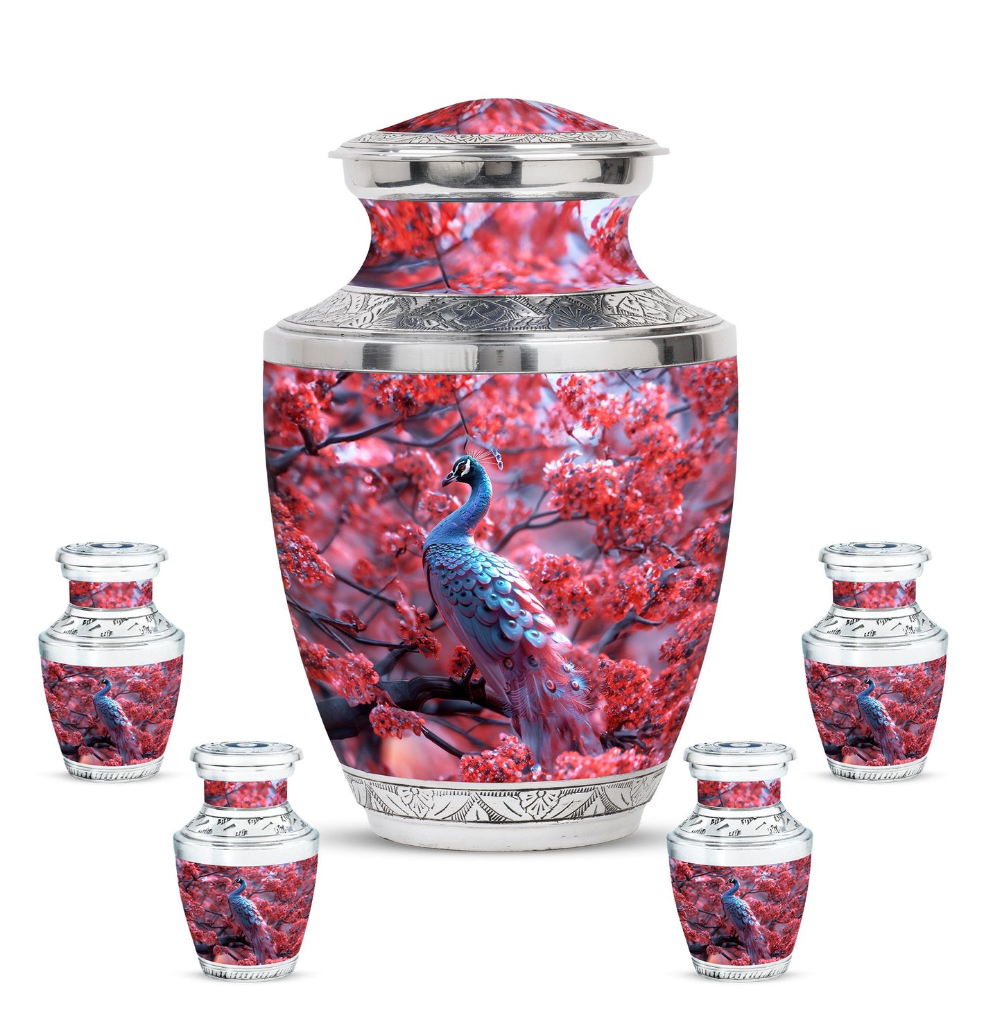 Peacock Theme Large Urn With 4 Keepsake Urn