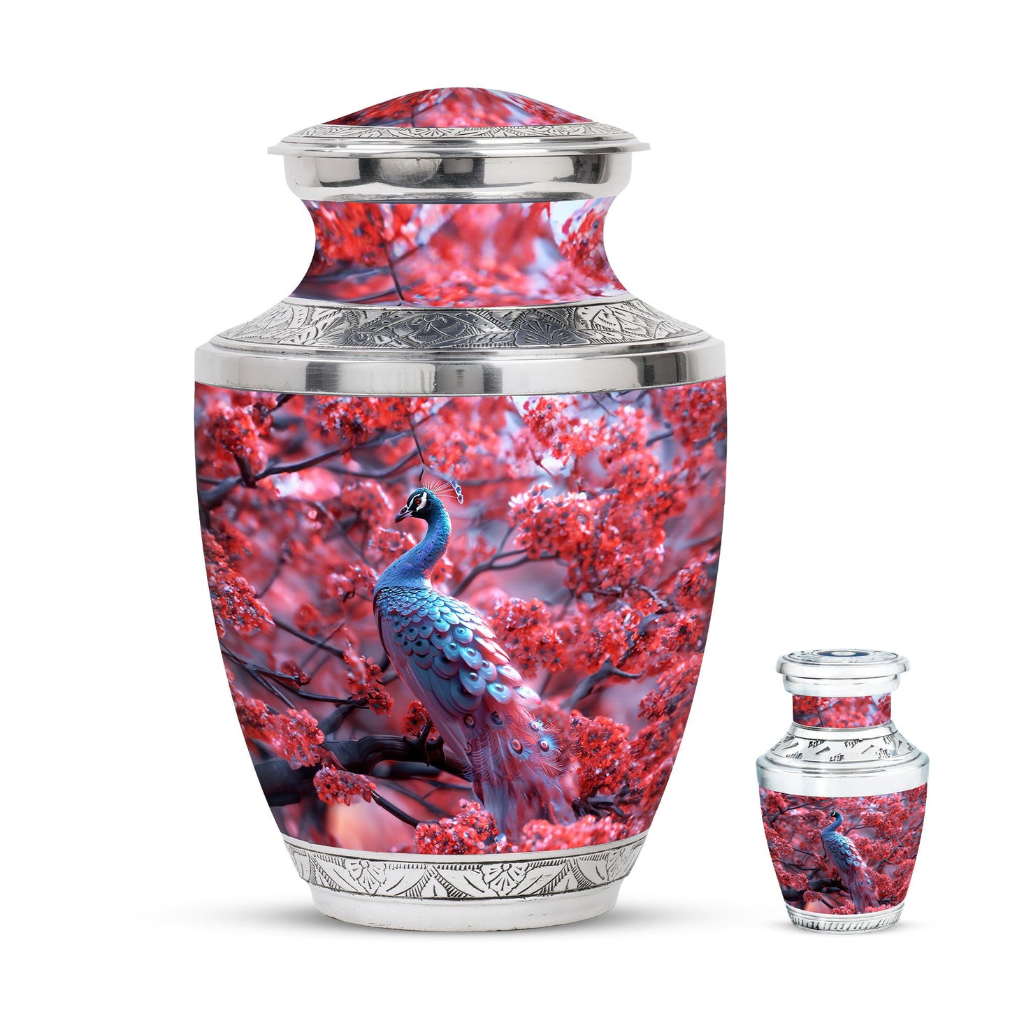 Peacock Theme Large Urn With 1 Keepsake Urn