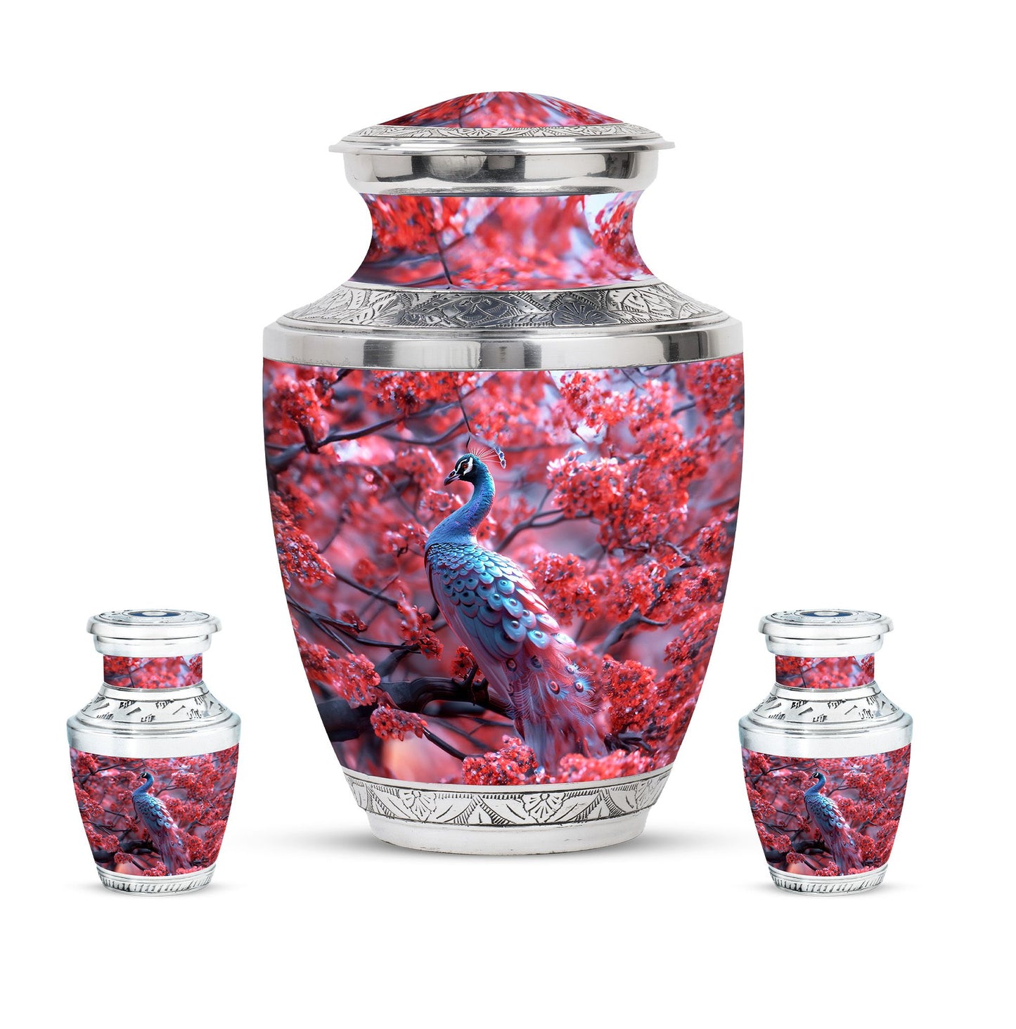 Peacock Theme Large Urn With 2 Keepsake Urn