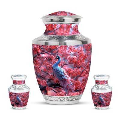 Peacock Theme Large Urn With 2 Keepsake Urn