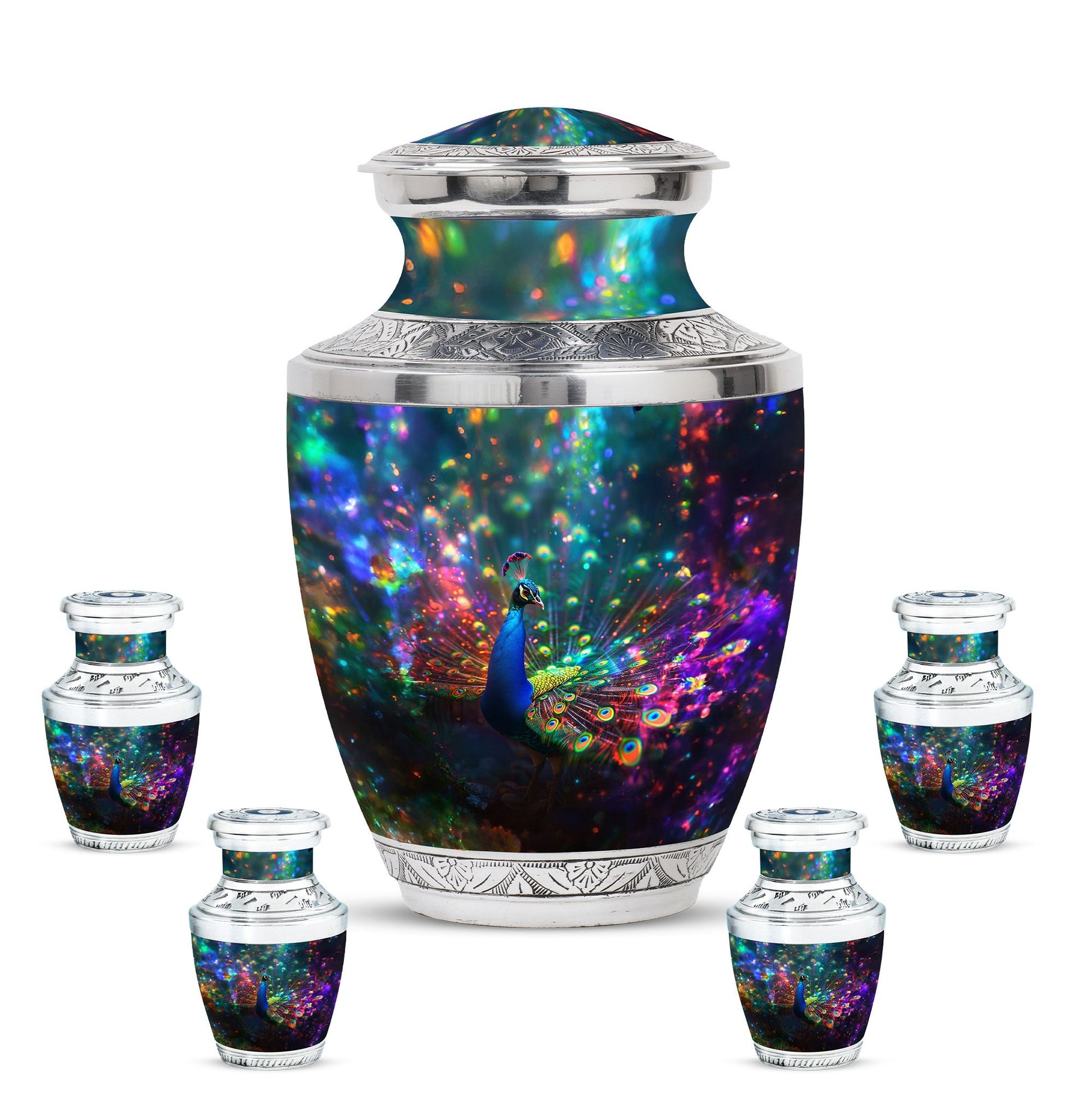 Peacock Theme Large Urn With 4 Keepsake Urn