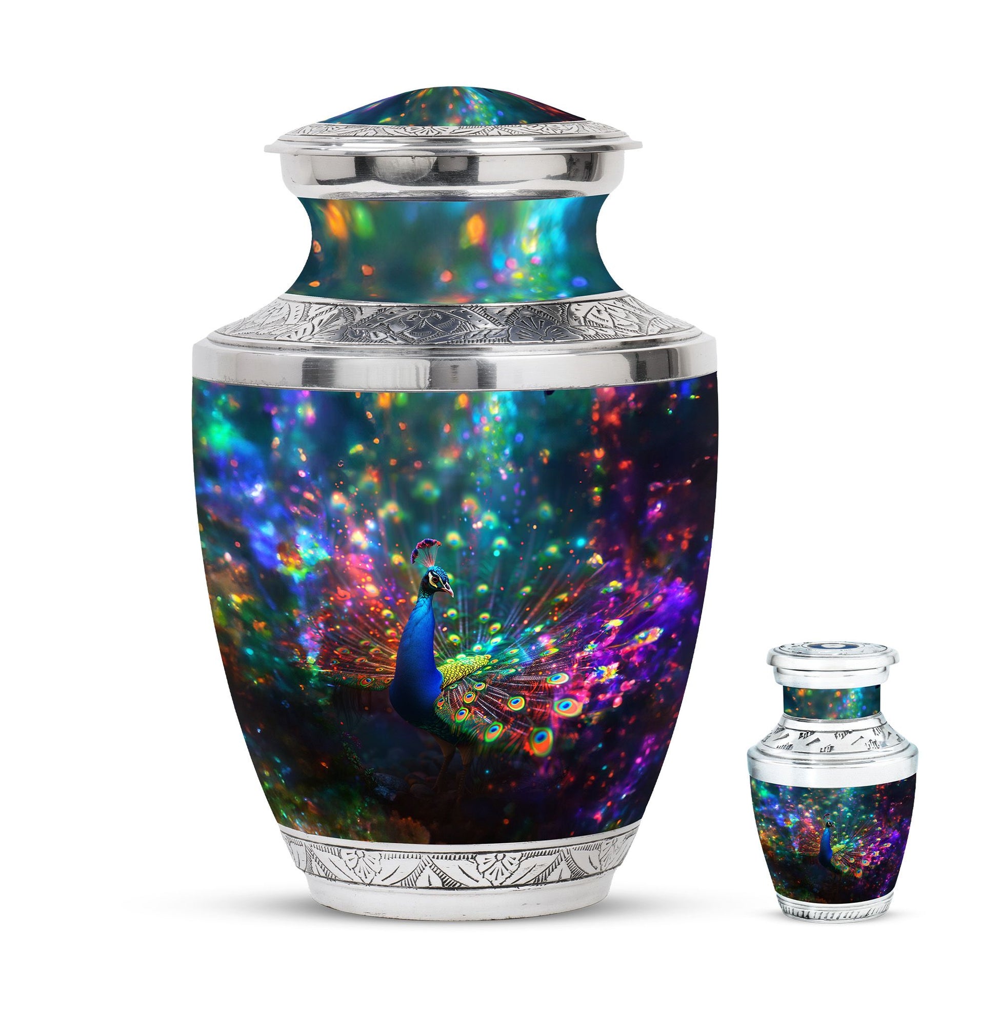 Peacock Theme Large Urn With 1 Keepsake Urn