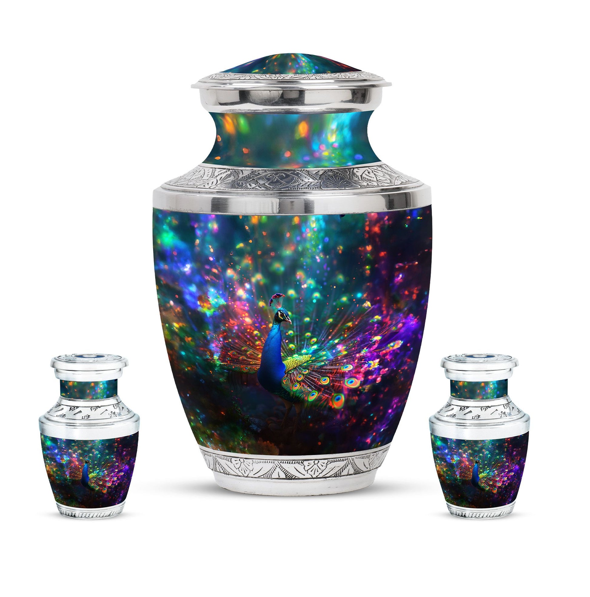 Peacock Theme Large Urn With 2 Keepsake Urn