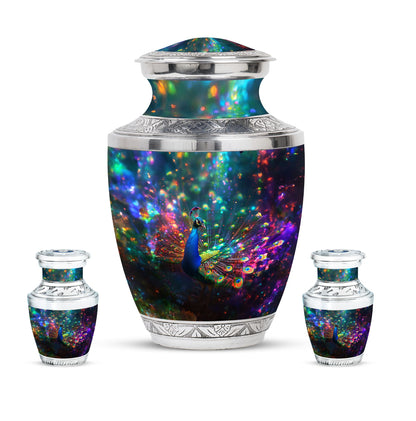 Peacock Theme Large Urn With 2 Keepsake Urn