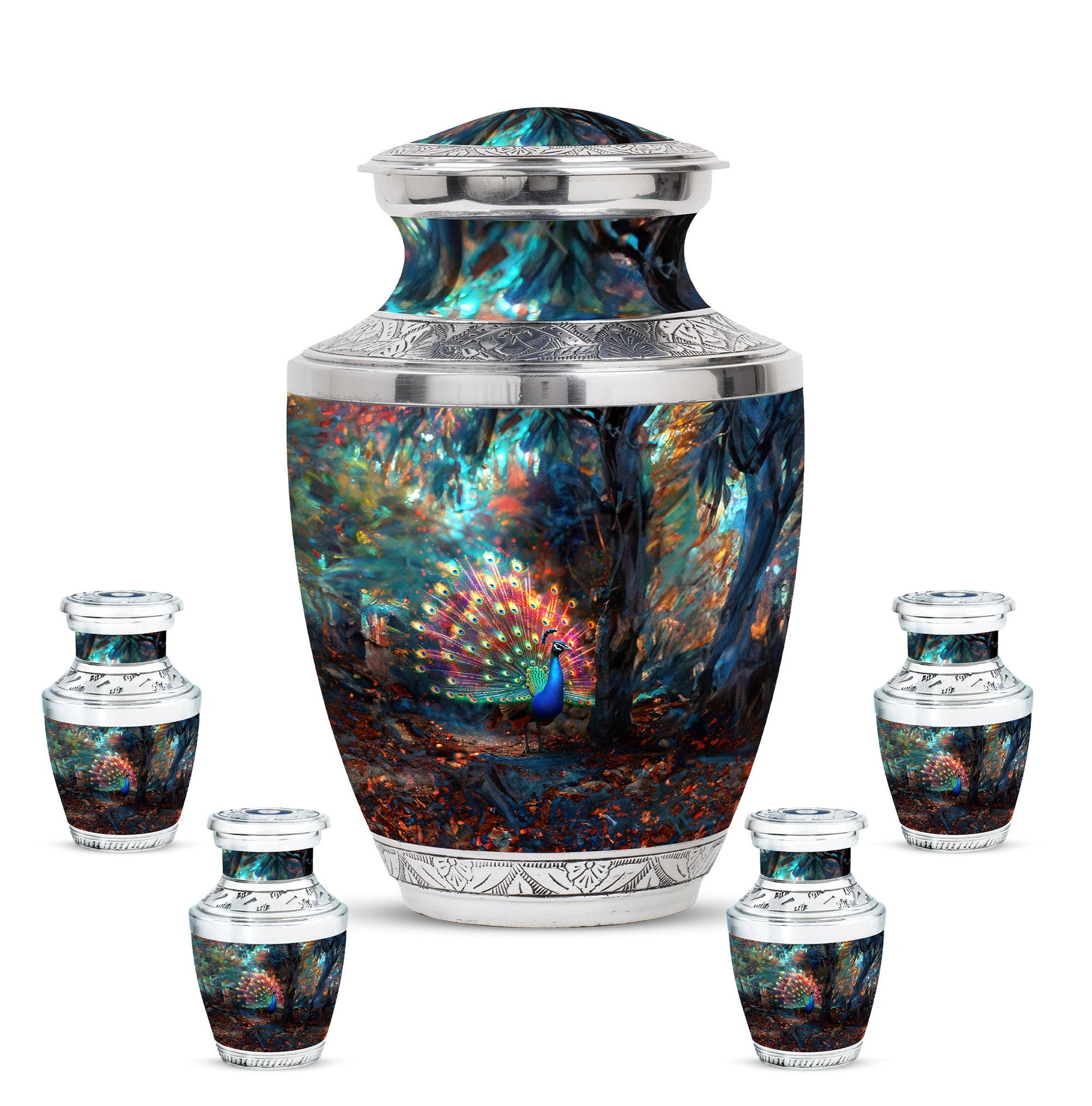 Peacock Theme Large Urn With 4 Keepsake Urn
