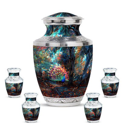 Peacock Theme Large Urn With 4 Keepsake Urn