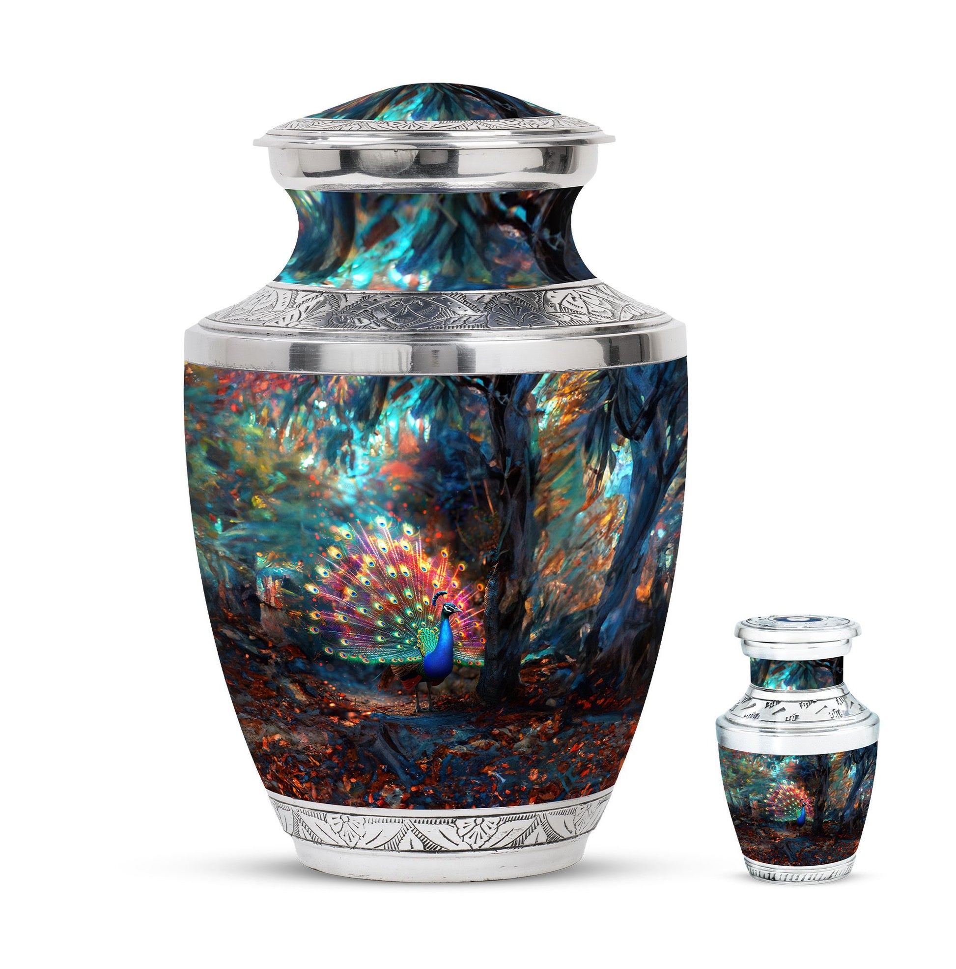 Peacock Theme Large Urn With 1 Keepsake Urn