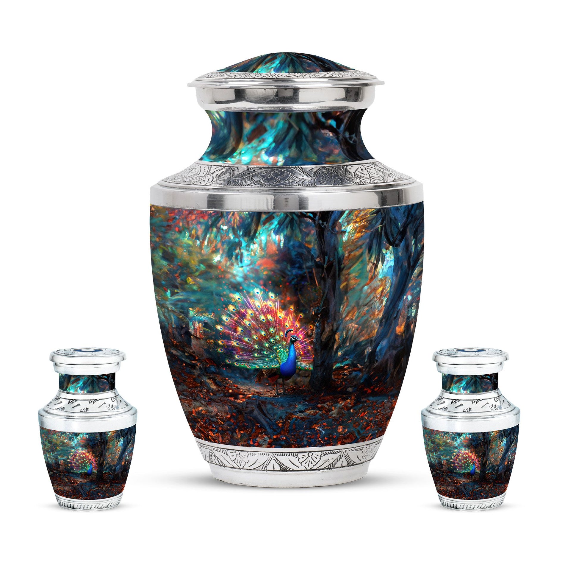 Peacock Theme Large Urn With 2 Keepsake Urn