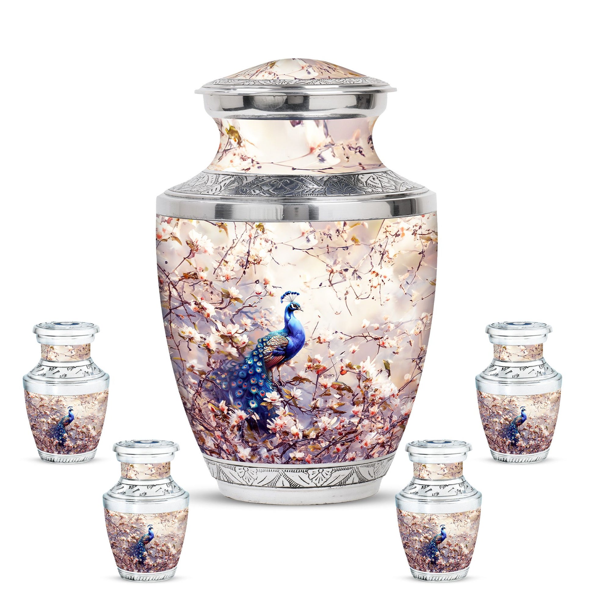 Peacock Theme Large Urn With 4 Keepsake Urn