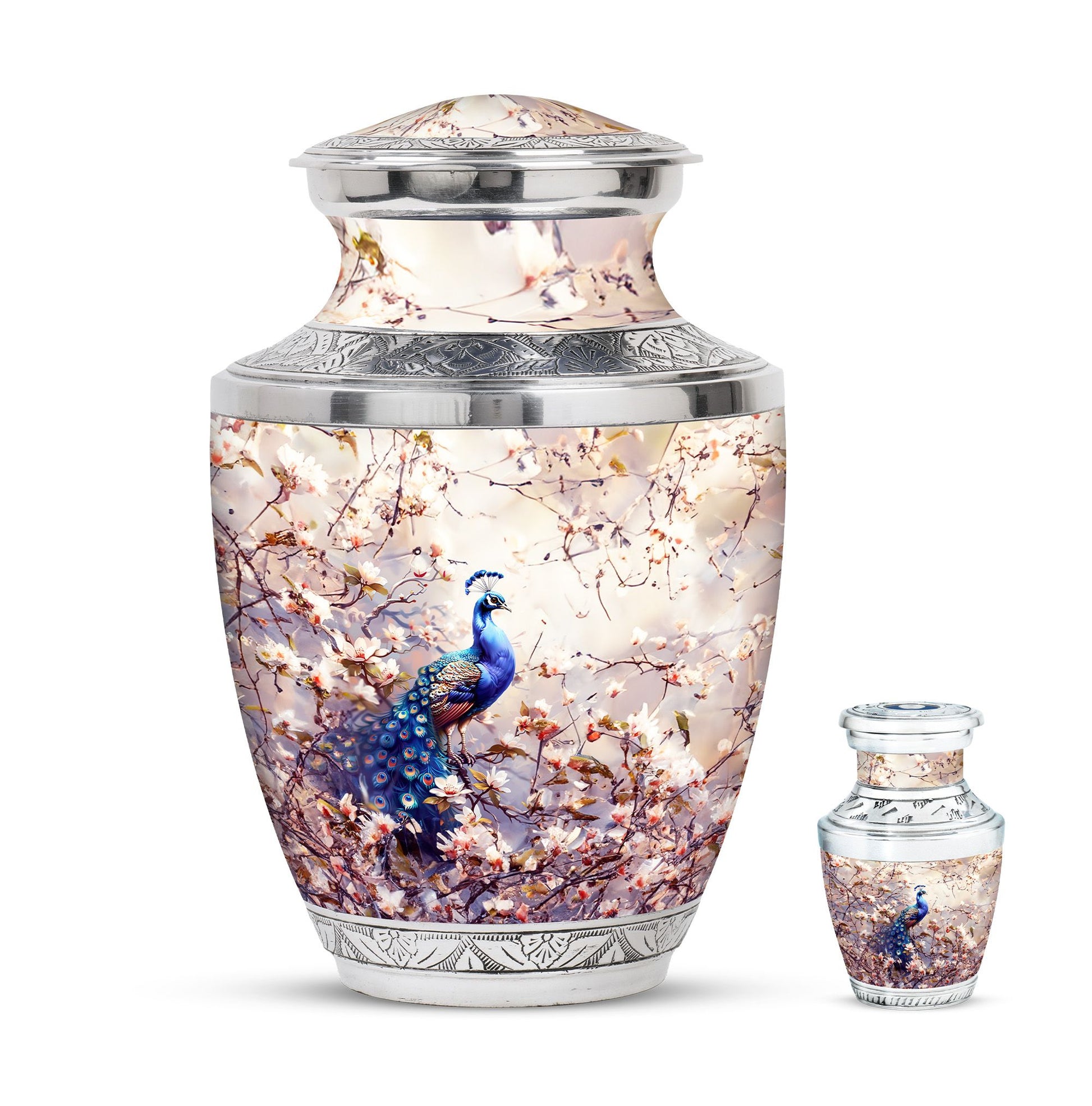 Peacock Theme Large Urn With 1 Keepsake Urn