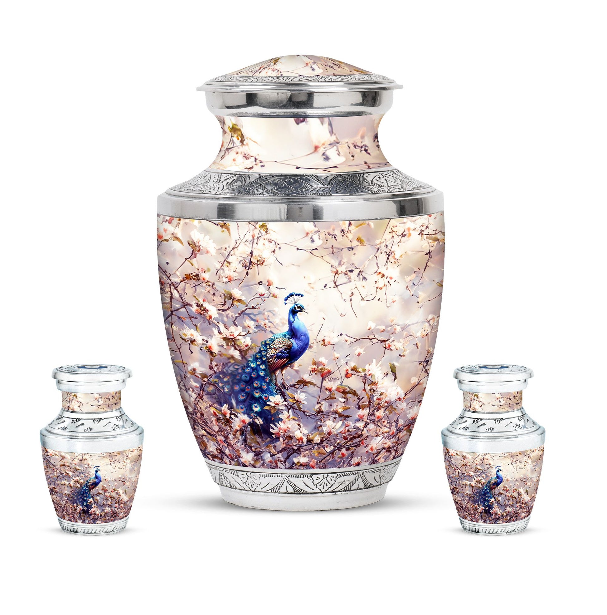 Peacock Theme Large Urn With 2 Keepsake Urn