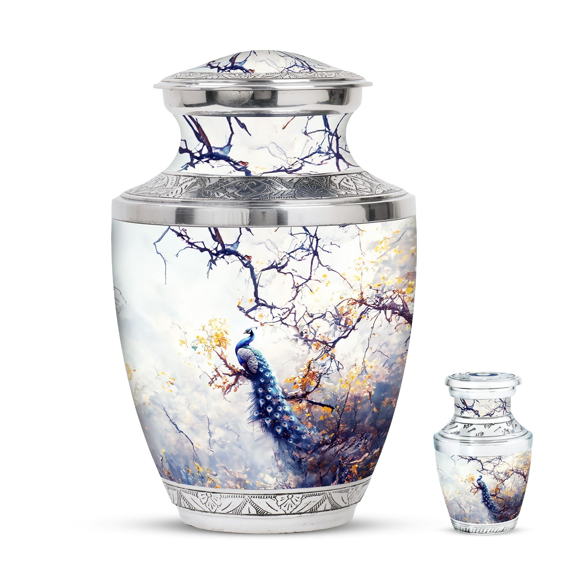 Peacock Theme Large Urn With 1 Keepsake Urn
