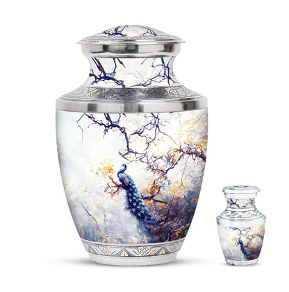 Peacock Theme Large Urn With 1 Keepsake Urn