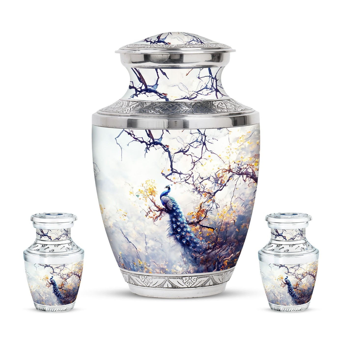 Peacock Theme Large Urn With 2 Keepsake Urn