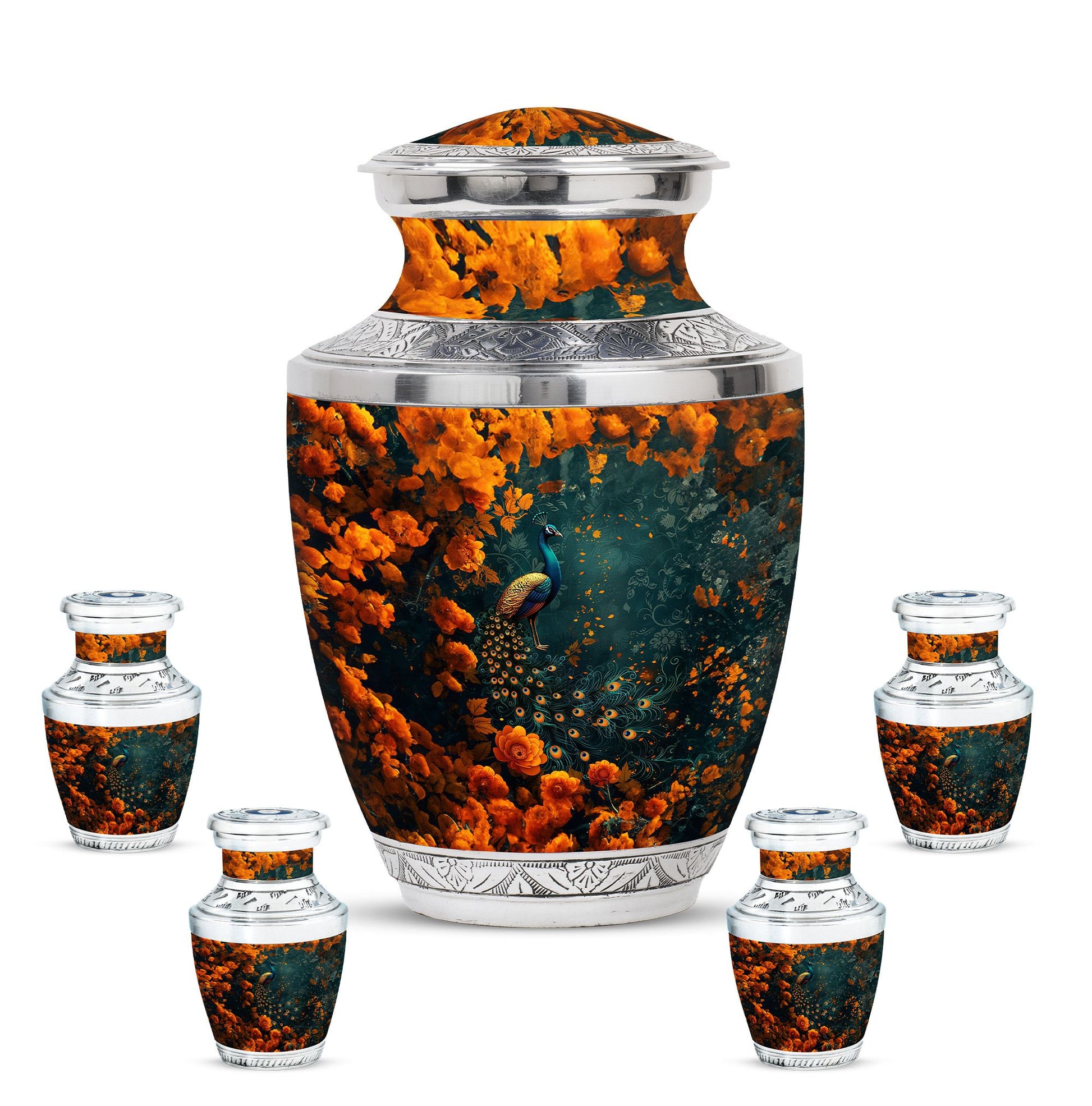 Peacock Theme Large Urn With 4 Keepsake Urn