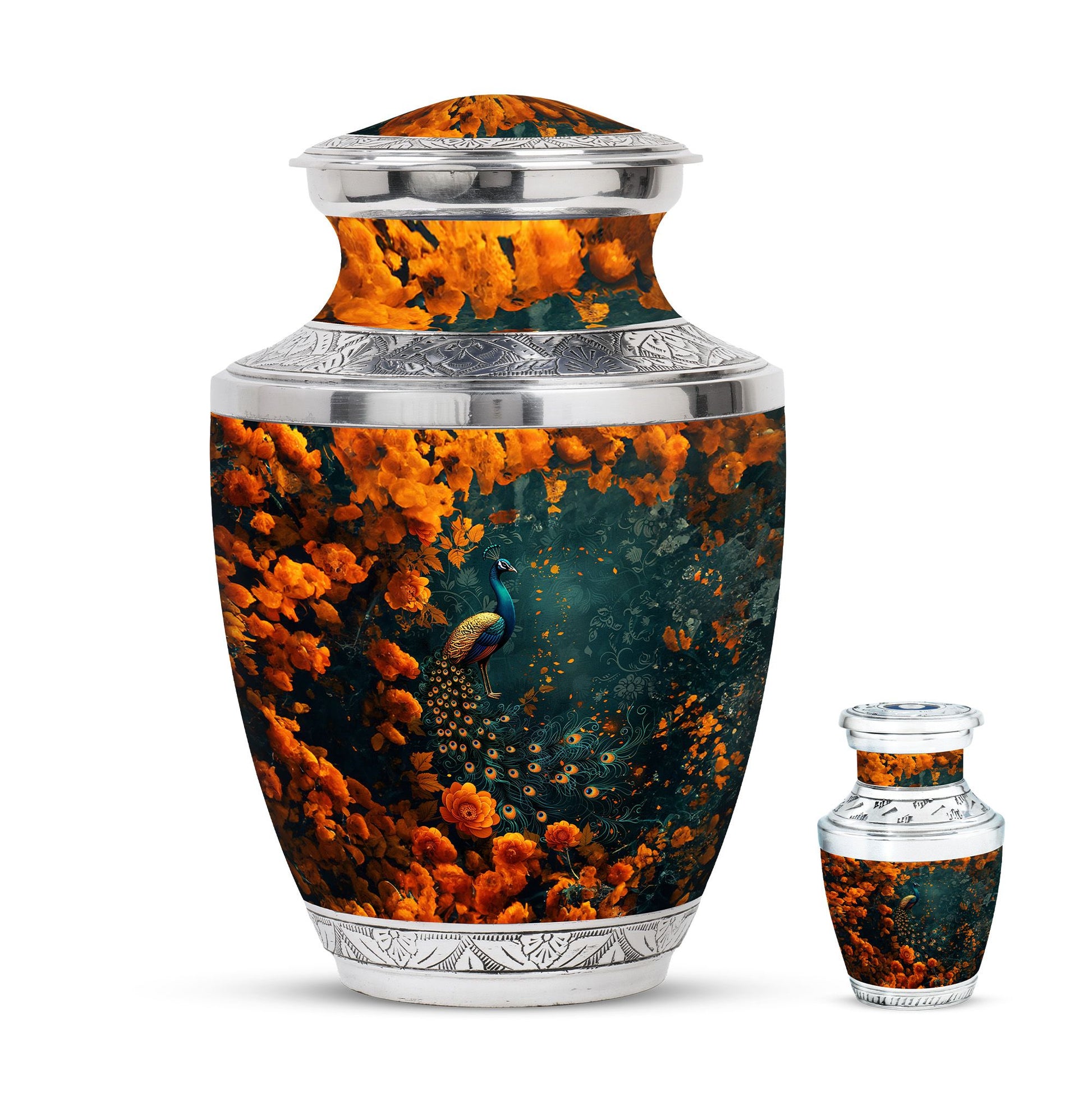 Peacock Theme Large Urn With 1 Keepsake Urn