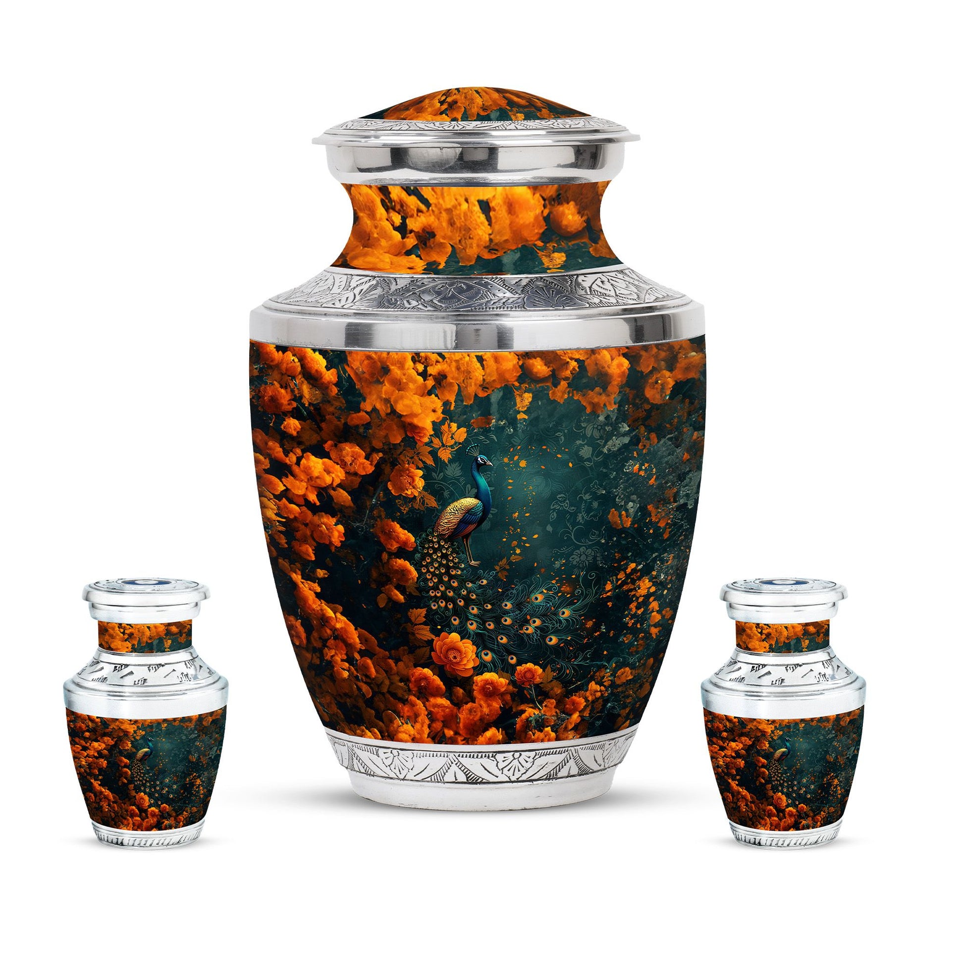 Peacock Theme Large Urn With 2 Keepsake Urn