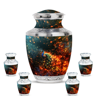 Peacock Theme Large Urn With 4 Keepsake Urn