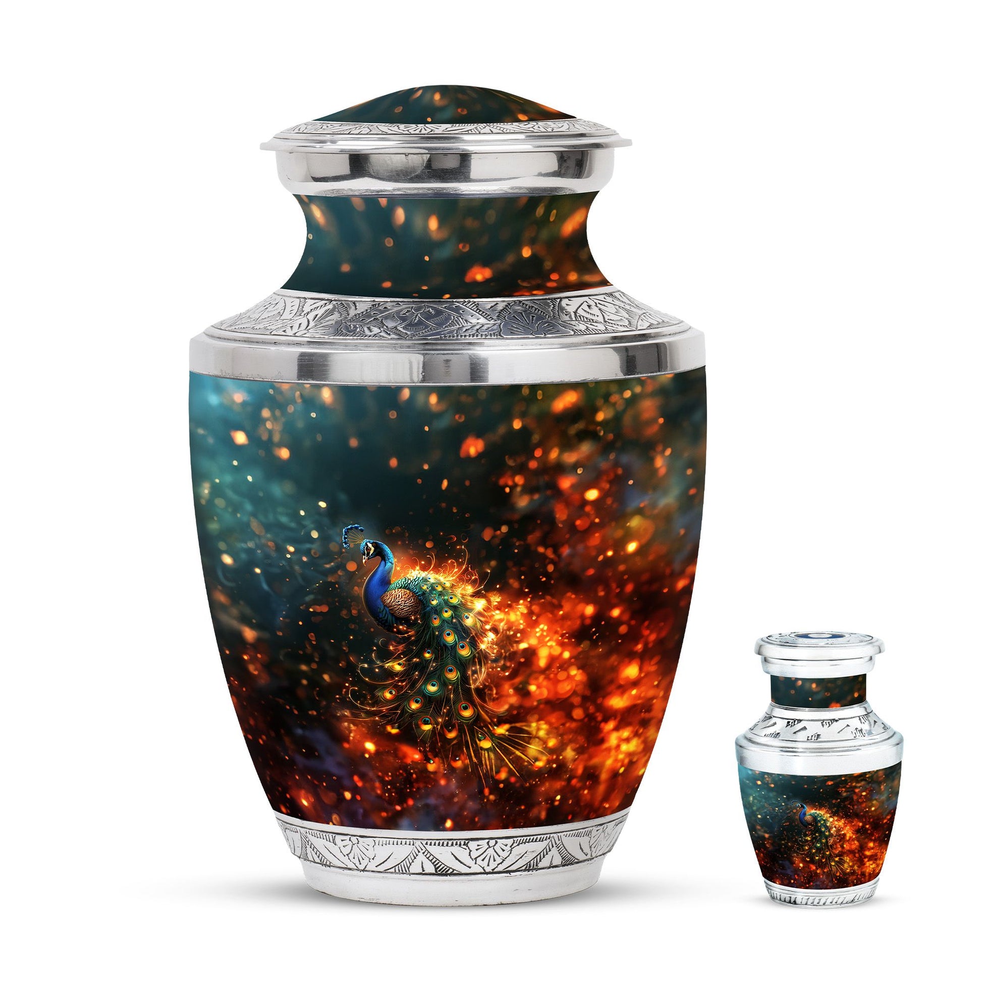 Peacock Theme Large Urn With 1 Keepsake Urn