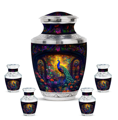 Peacock Theme Large Urn With 4 Keepsake Urn