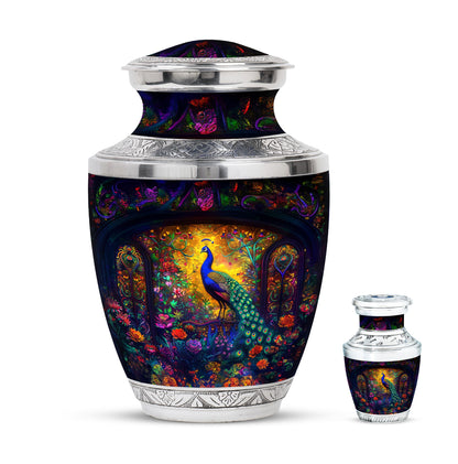 Peacock Theme Large Urn With 1 Keepsake Urn