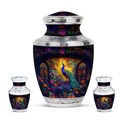 Peacock Theme Large Urn With 2 Keepsake Urn
