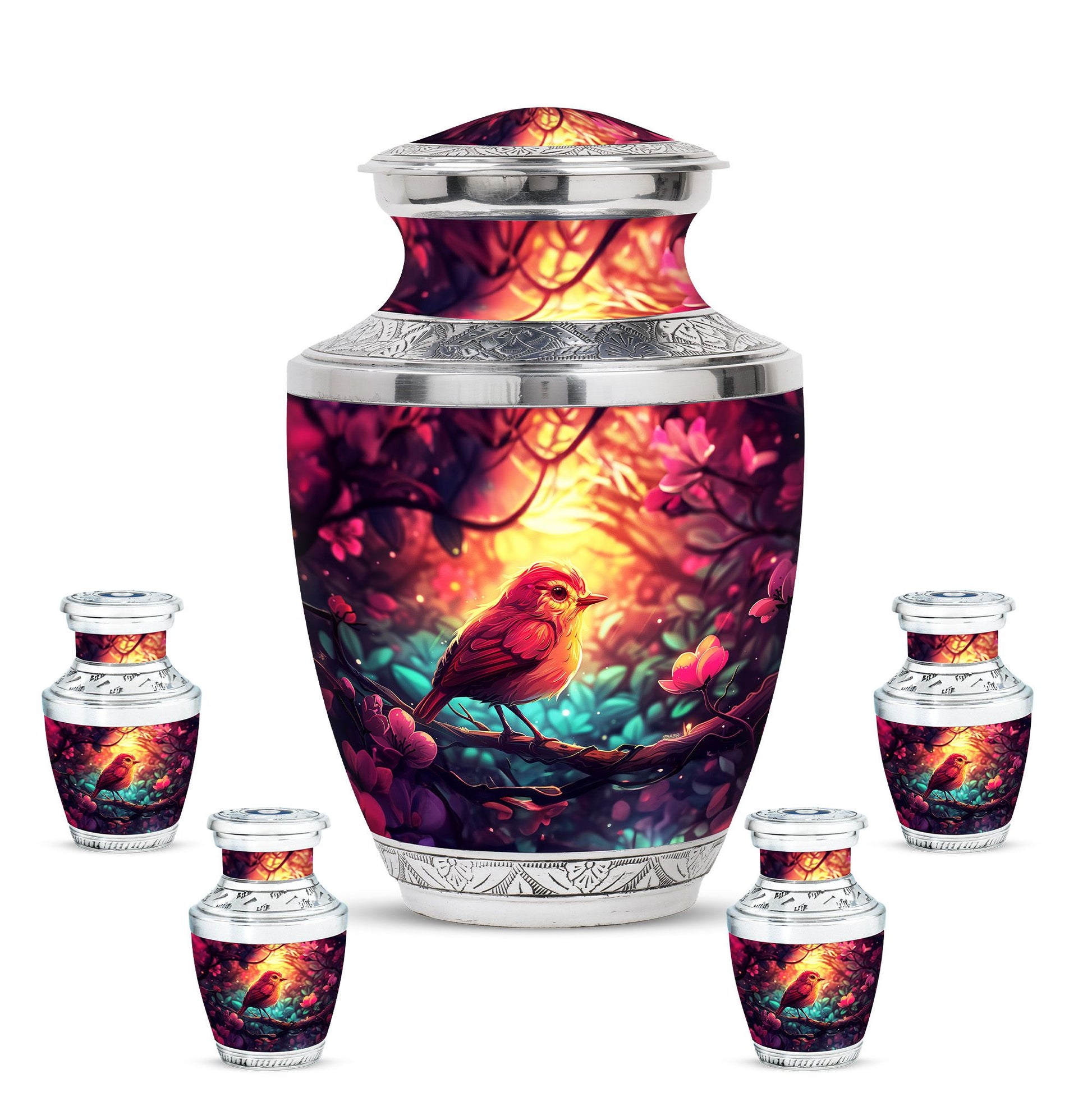 Sparrow Theme Large Urn With 4 Keepsake Urn