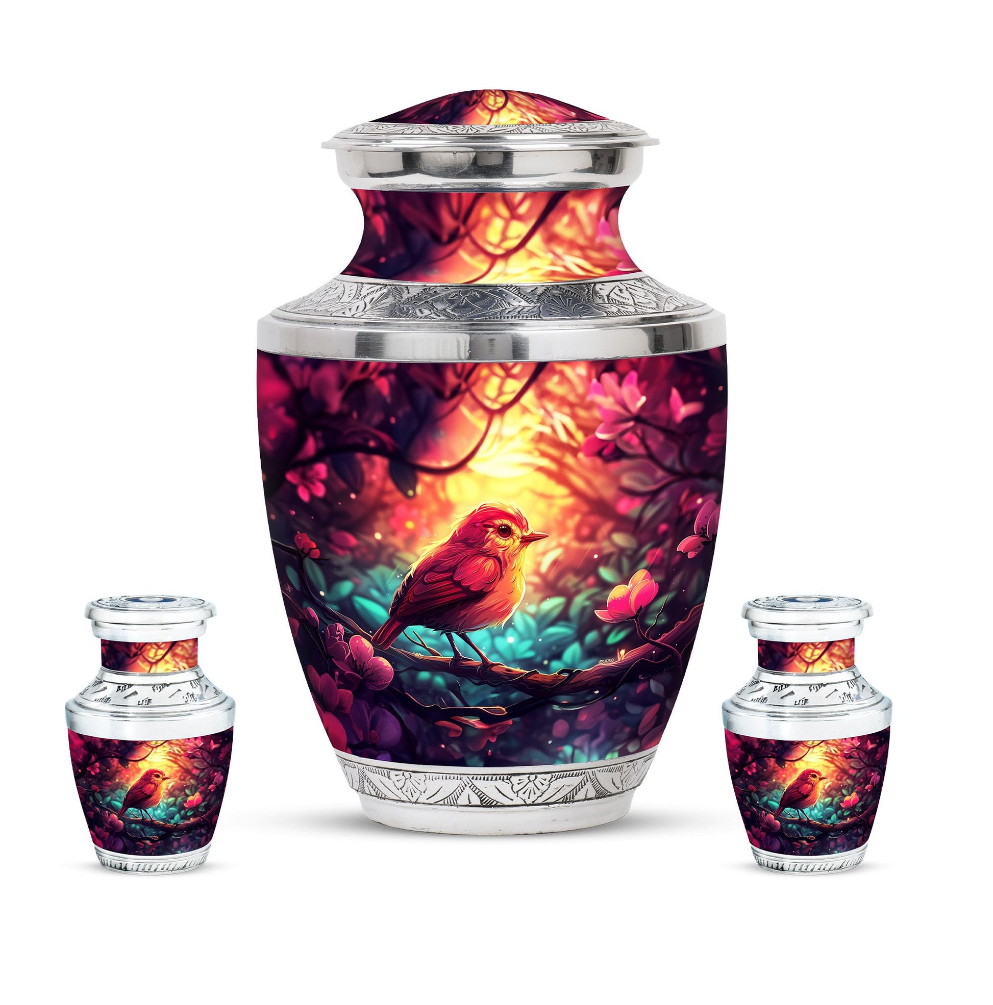 Sparrow Theme Large Urn With 2 Keepsake Urn